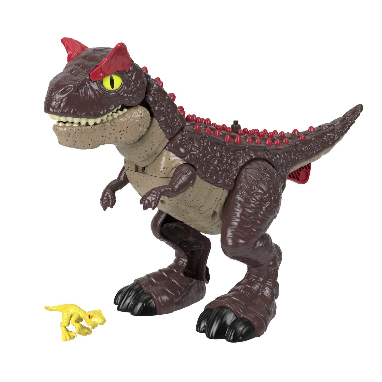 Fisher-Price Imaginext Carnotauro Aculei Pungenti - Dinosauro alto 28 cm con cucciolo di velociraptor e pulsante attivazione fauci, giocattolo per bambini 3 anni