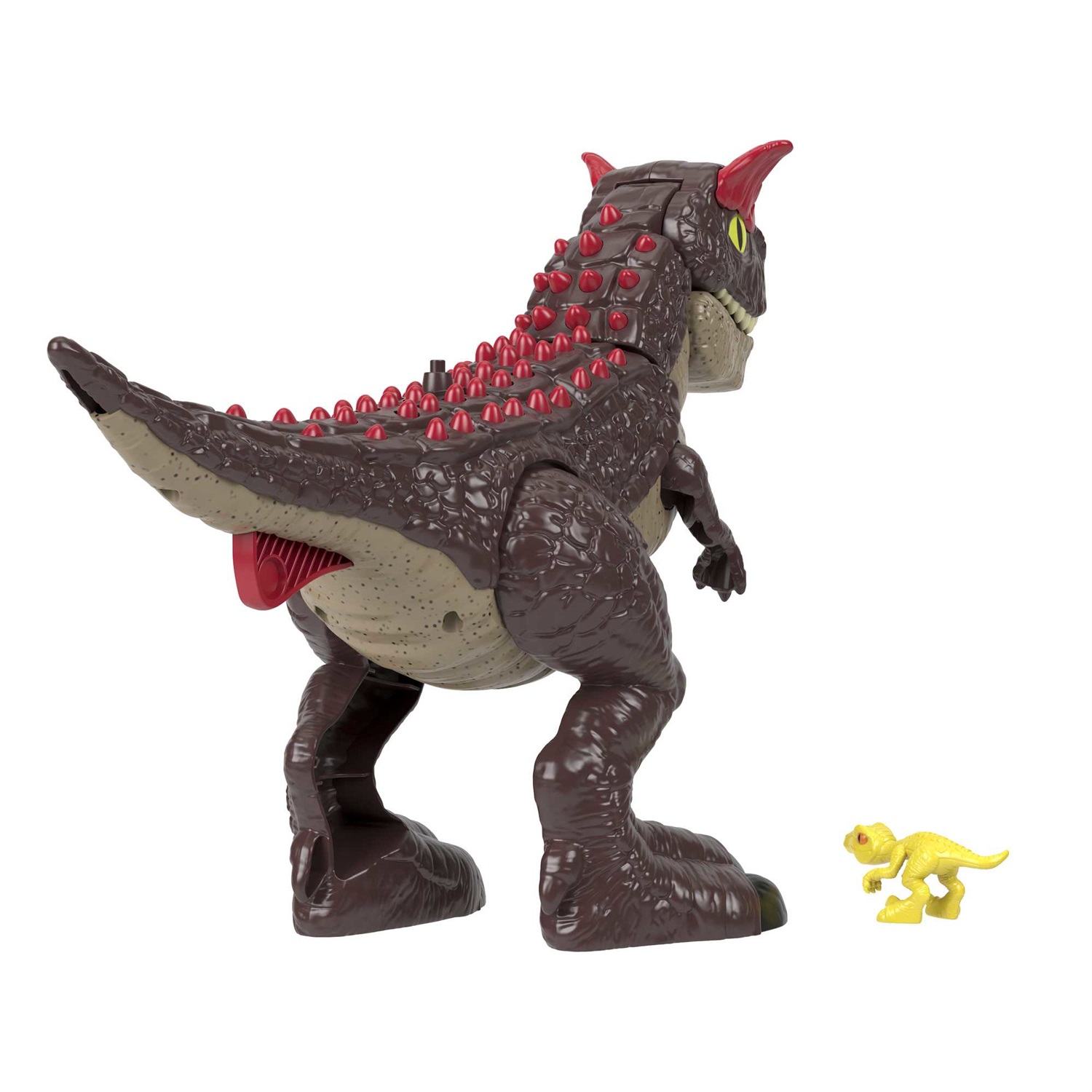 Fisher-Price Imaginext Carnotauro Aculei Pungenti - Dinosauro alto 28 cm con cucciolo di velociraptor e pulsante attivazione fauci, giocattolo per bambini 3 anni