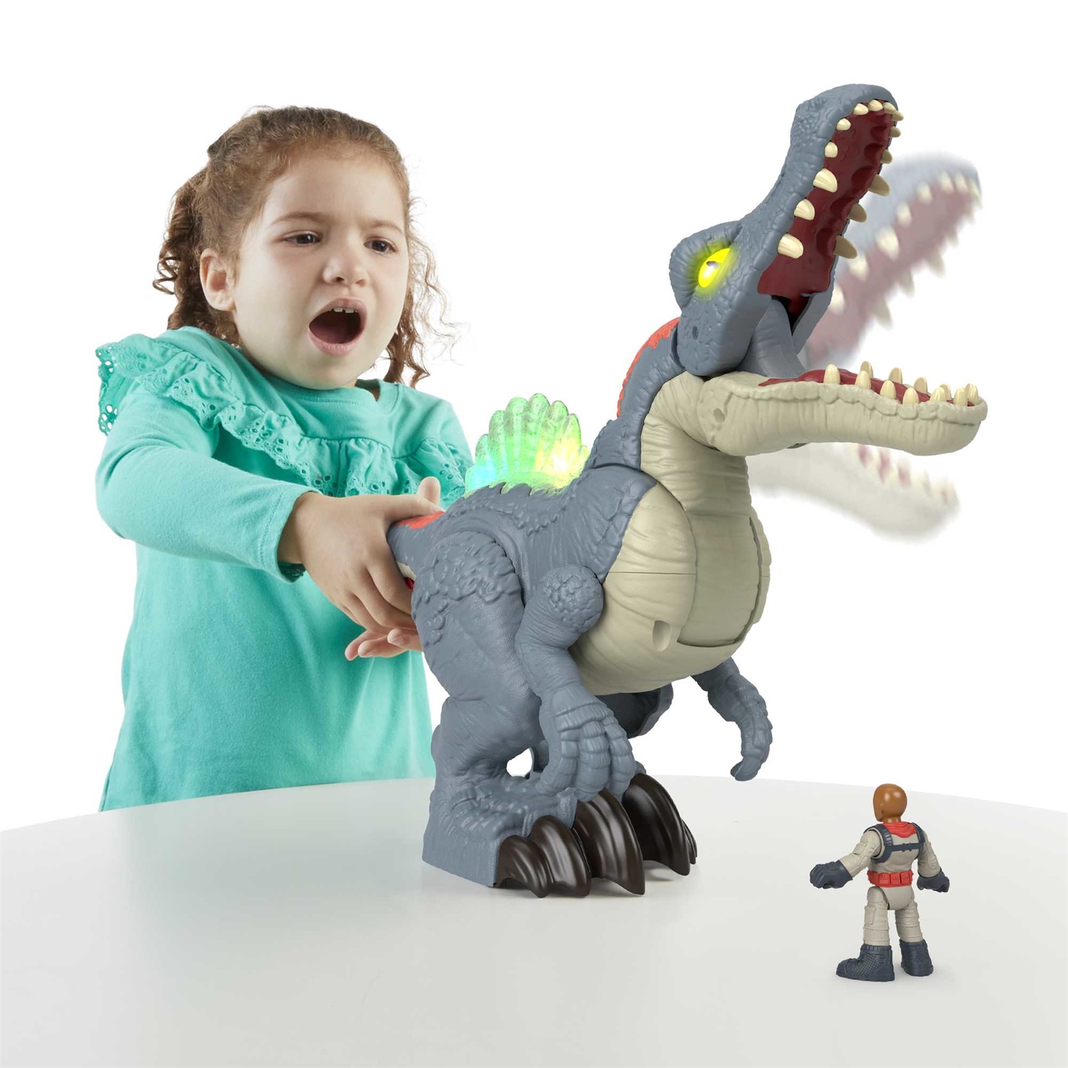 Fisher-Price Imaginext Jurassic World - Ultra Snap Spinosaurus, dinosauro di 20 cm con luci, suoni e fauci attivabili, personaggio incluso, giocattolo per bambini 3 anni, HML41