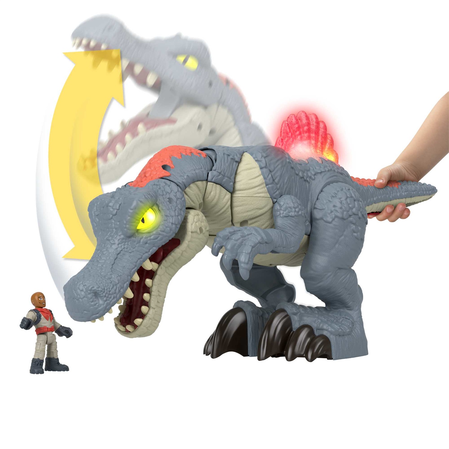 Fisher-Price Imaginext Jurassic World - Ultra Snap Spinosaurus, dinosauro di 20 cm con luci, suoni e fauci attivabili, personaggio incluso, giocattolo per bambini 3 anni, HML41