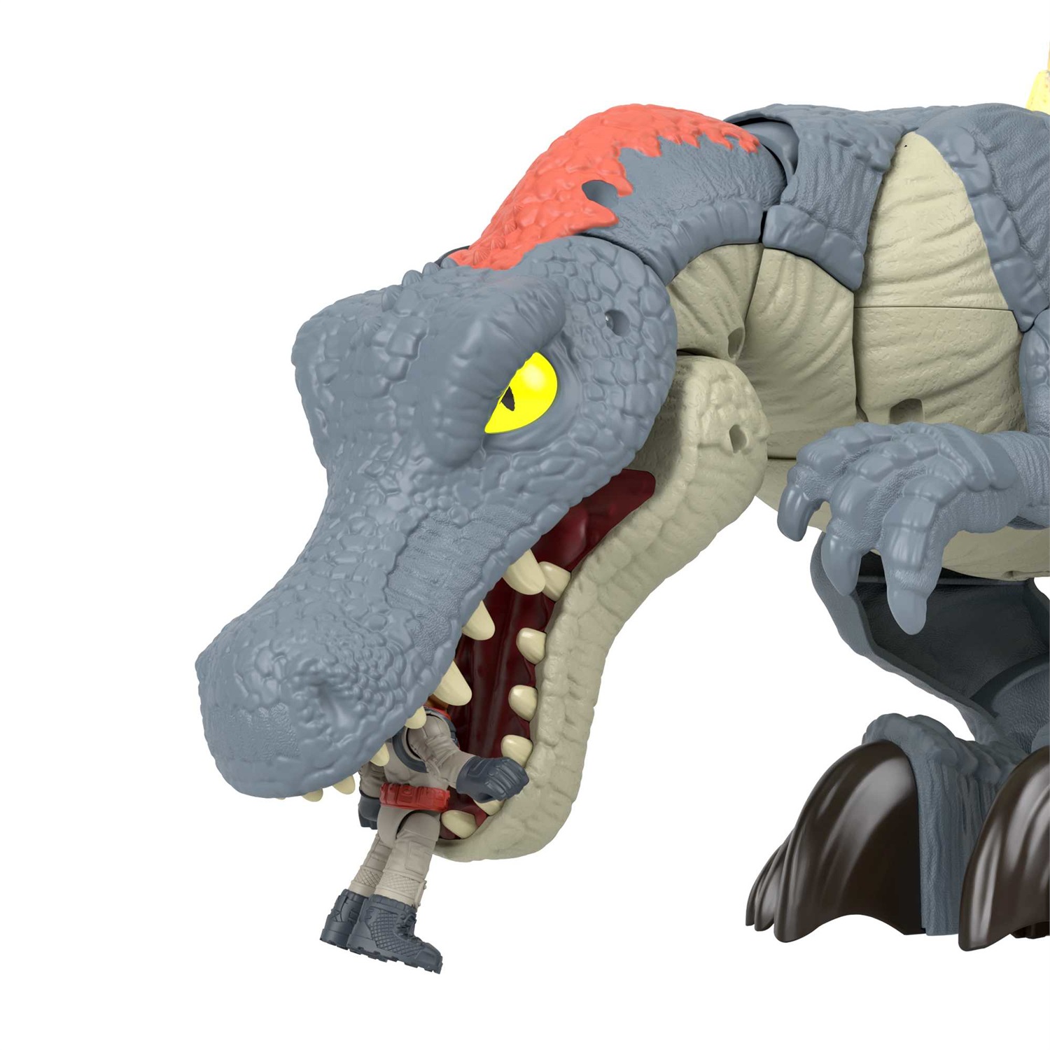Fisher-Price Imaginext Jurassic World - Ultra Snap Spinosaurus, dinosauro di 20 cm con luci, suoni e fauci attivabili, personaggio incluso, giocattolo per bambini 3 anni, HML41