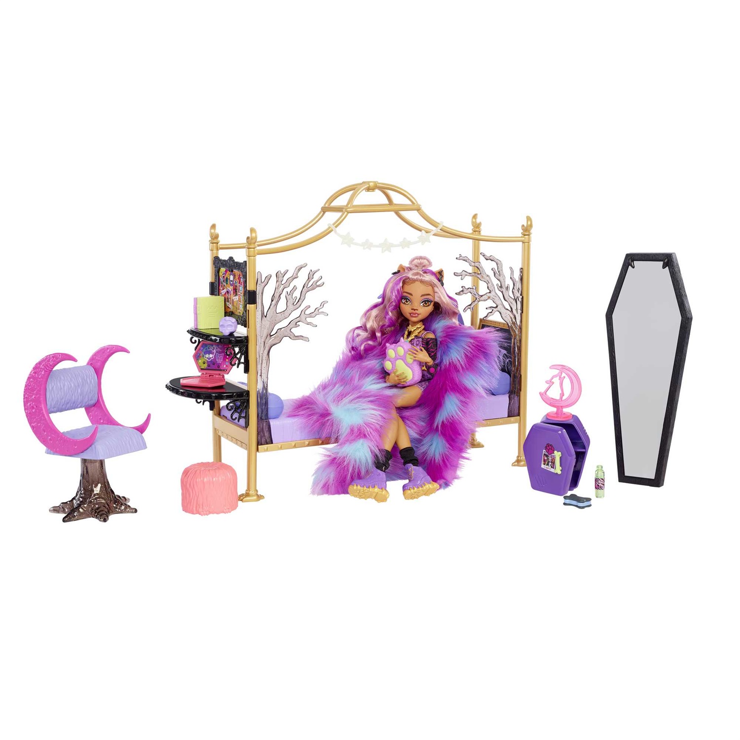 Monster High HMV77 - Camera da Letto di Clawdeen Wolf, Playset con Accessori, Mobili e Foglio di Adesivi, Giocattolo per Bambini 4 Anni
