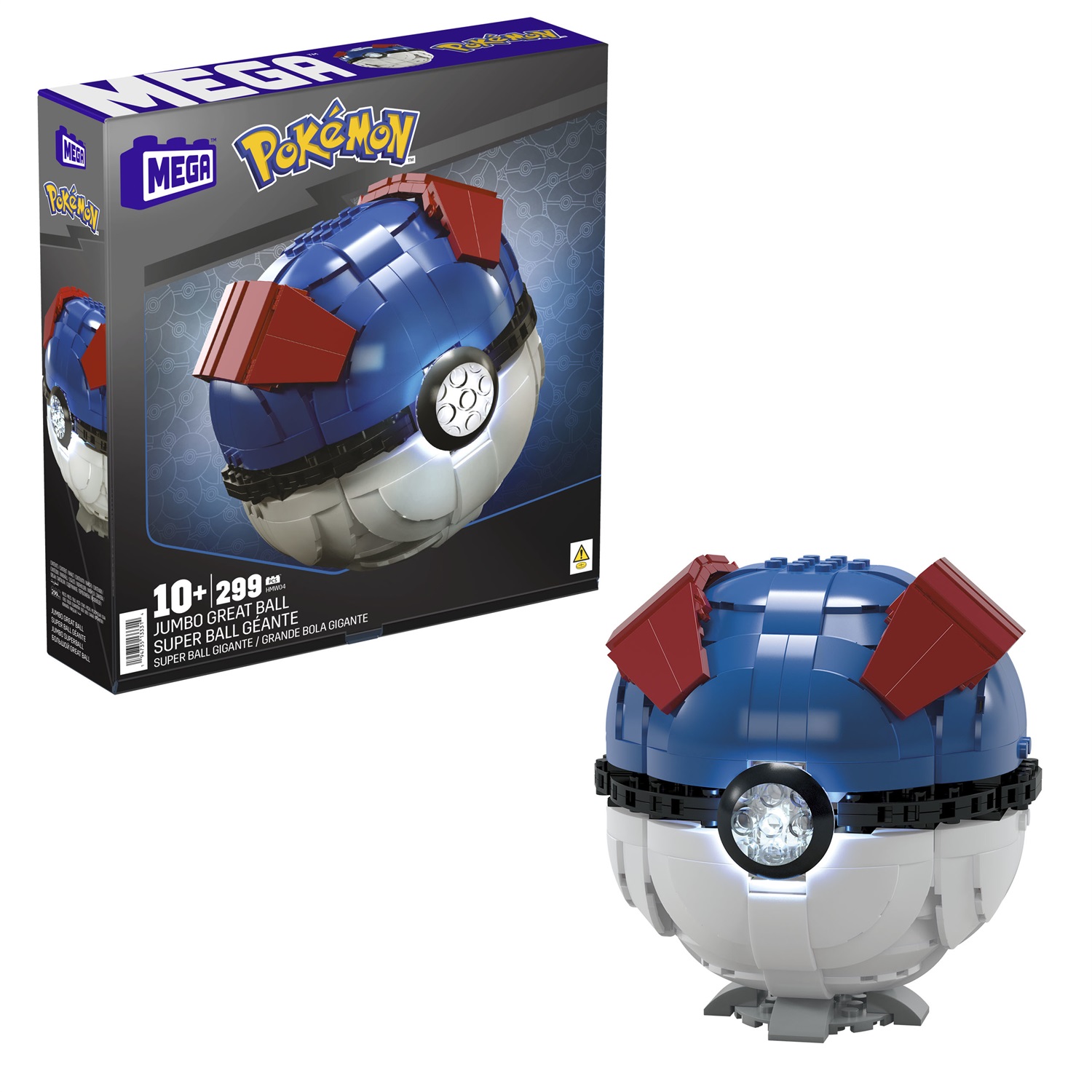 Mattel MEGA Pokémon HMW04 - Set da costruzione Mega Ball Gigante con 299 pezzi, luci e piedistallo da esposizione, per bambini 10 anni