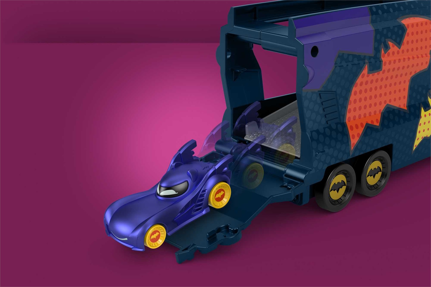Fisher-Price HMX07 Bat-Autotreno con Rampa e Veicolo Bam Batmobile - Playset DC Batwheels per Bambini dai 3 Anni