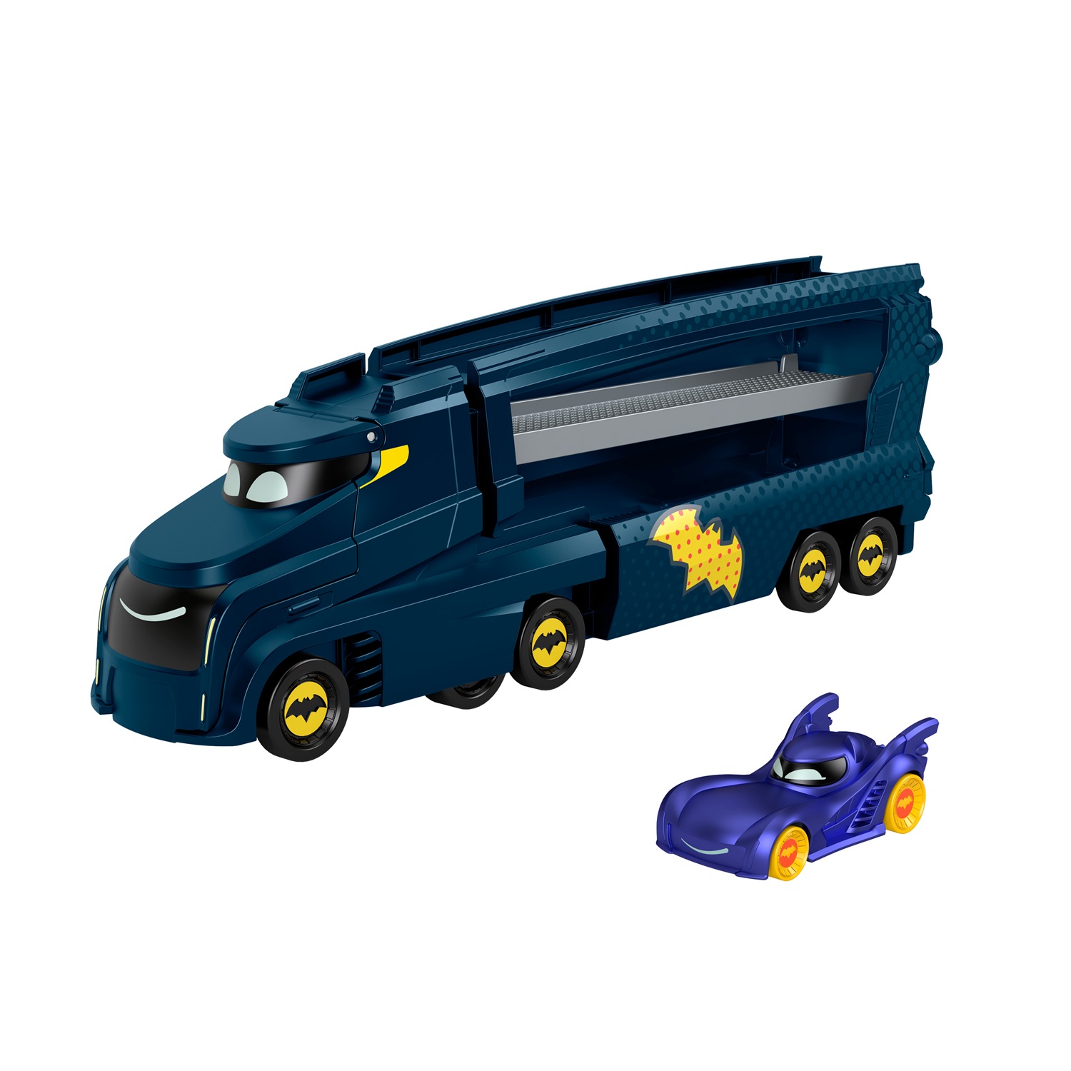 Fisher-Price HMX07 Bat-Autotreno con Rampa e Veicolo Bam Batmobile - Playset DC Batwheels per Bambini dai 3 Anni