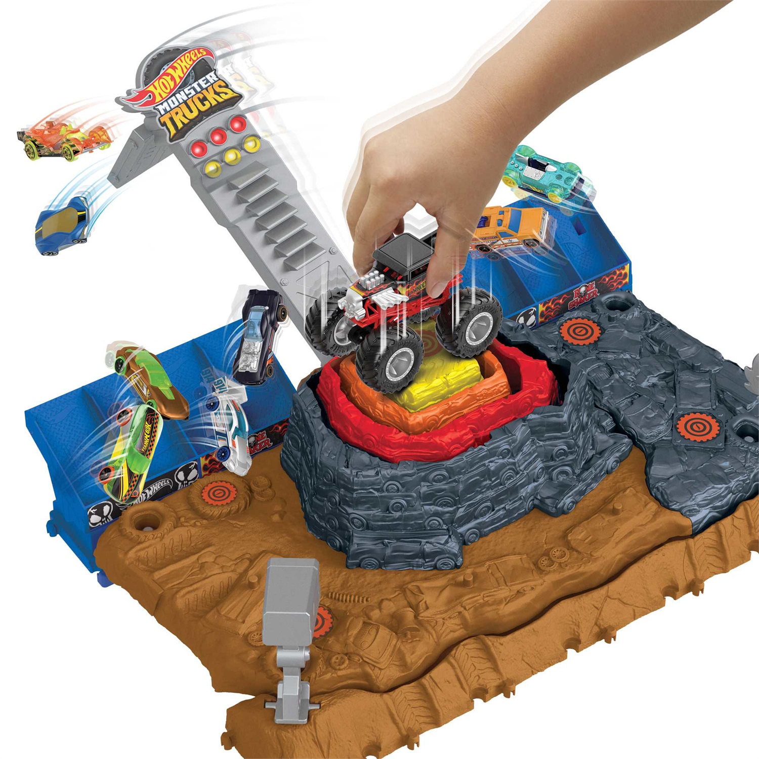 Hot Wheels Monster Trucks Arena degli Scontri Bone Shaker - Set con 1 Bone Shaker e 3 auto da demolire, Giocattolo per bambini 4 Anni, HNB96