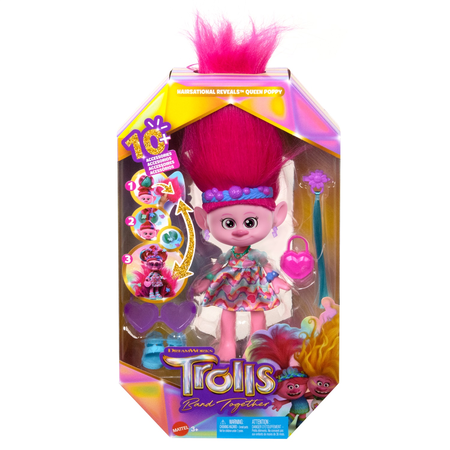 Mattel Trolls HNF16 - Bambola Regina Poppy con Capelli di Peluche Trasformabili, 15 Accessori e Look Ispirato al Film