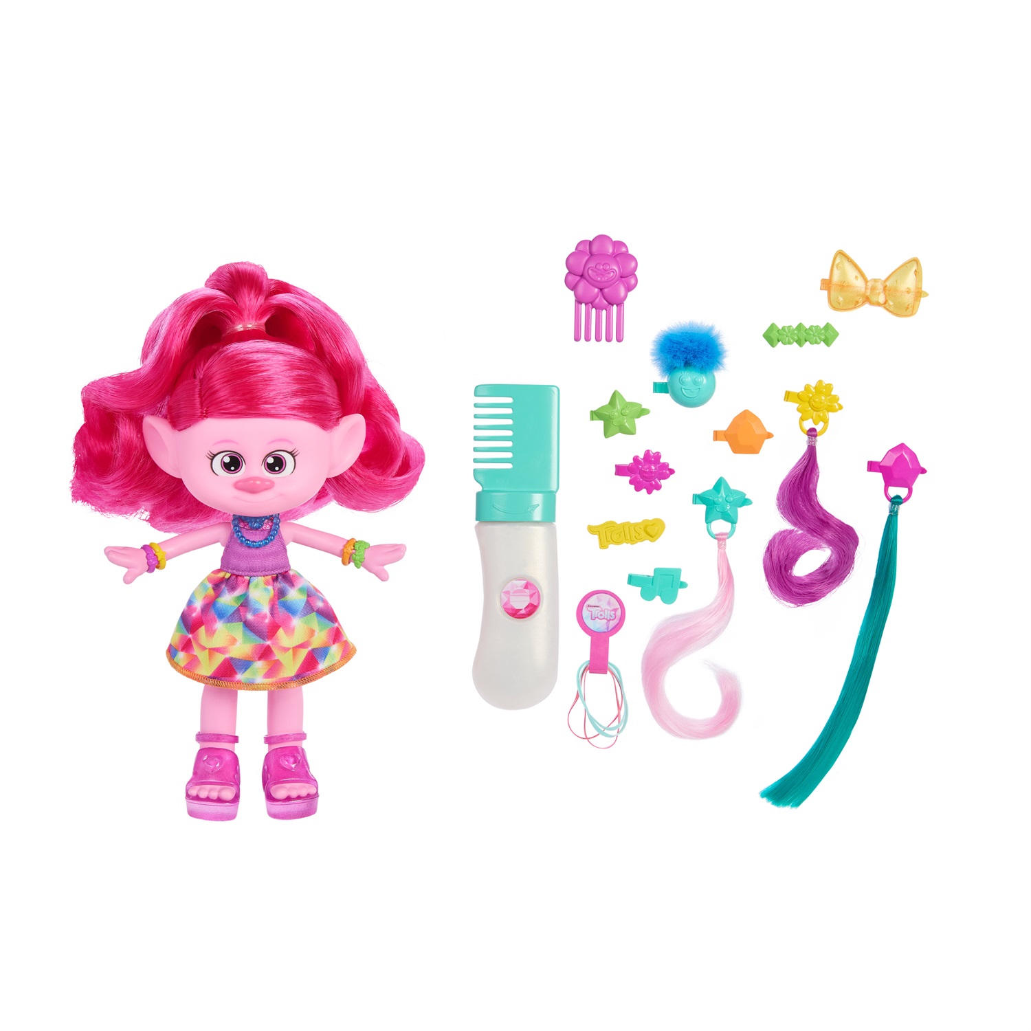 Mattel Trolls 3 - Regina Poppy Hair-Tastic con Capelli Rosa, Pettine Glitterato e 15 Accessori, Giocattolo per Bambini 3 Anni, HNF25