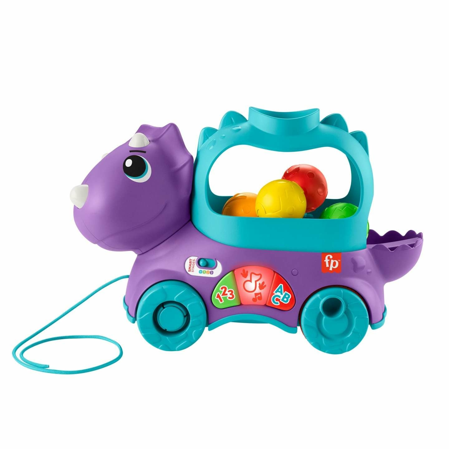 Fisher-Price Dino Impara e Cammina - Dinosauro Giocattolo da Trainare con Palline Saltellanti, Contenuti Multilingue Smart Stages, Interattivo per Bambini 12 - 36 Mesi, HNR52
