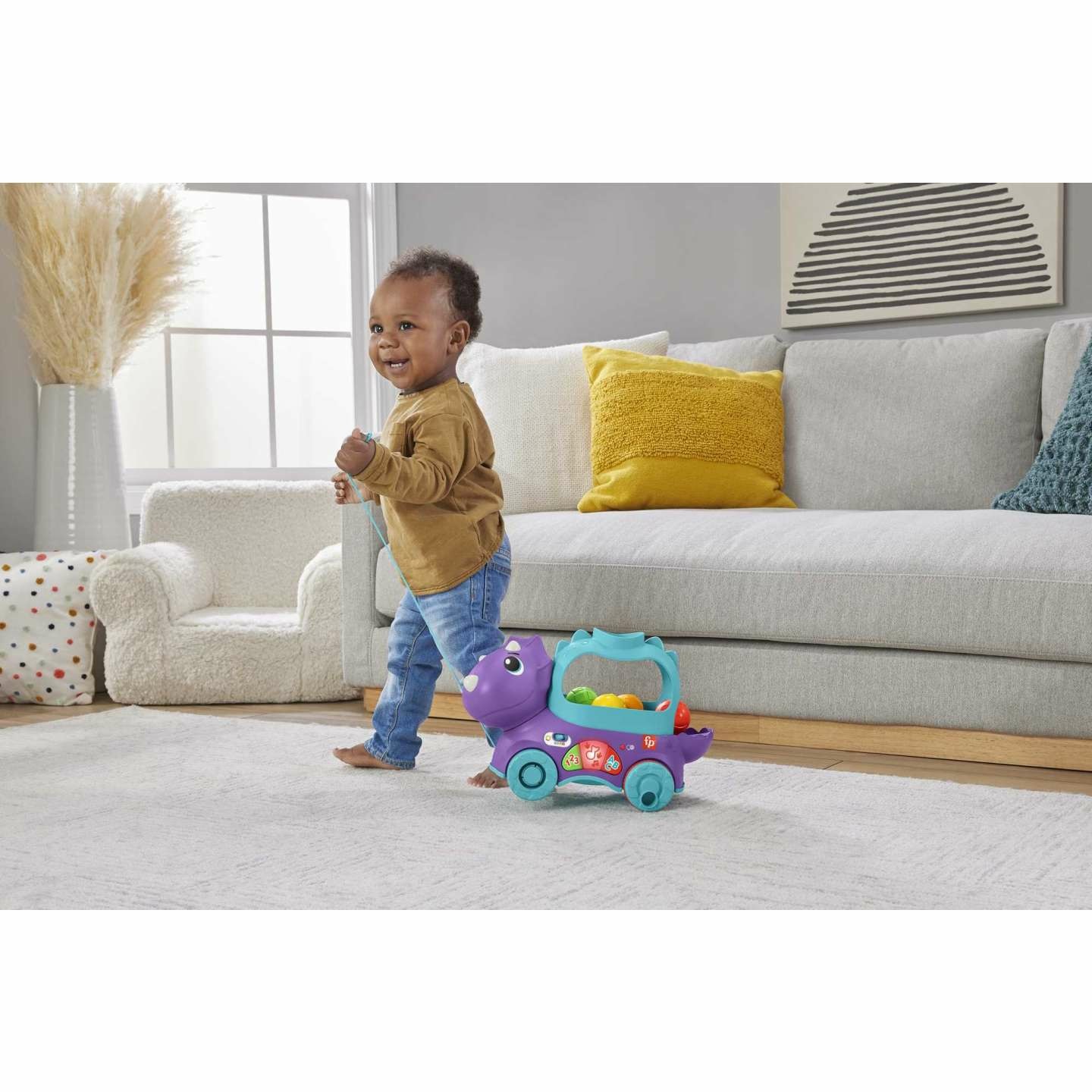 Fisher-Price Dino Impara e Cammina - Dinosauro Giocattolo da Trainare con Palline Saltellanti, Contenuti Multilingue Smart Stages, Interattivo per Bambini 12 - 36 Mesi, HNR52