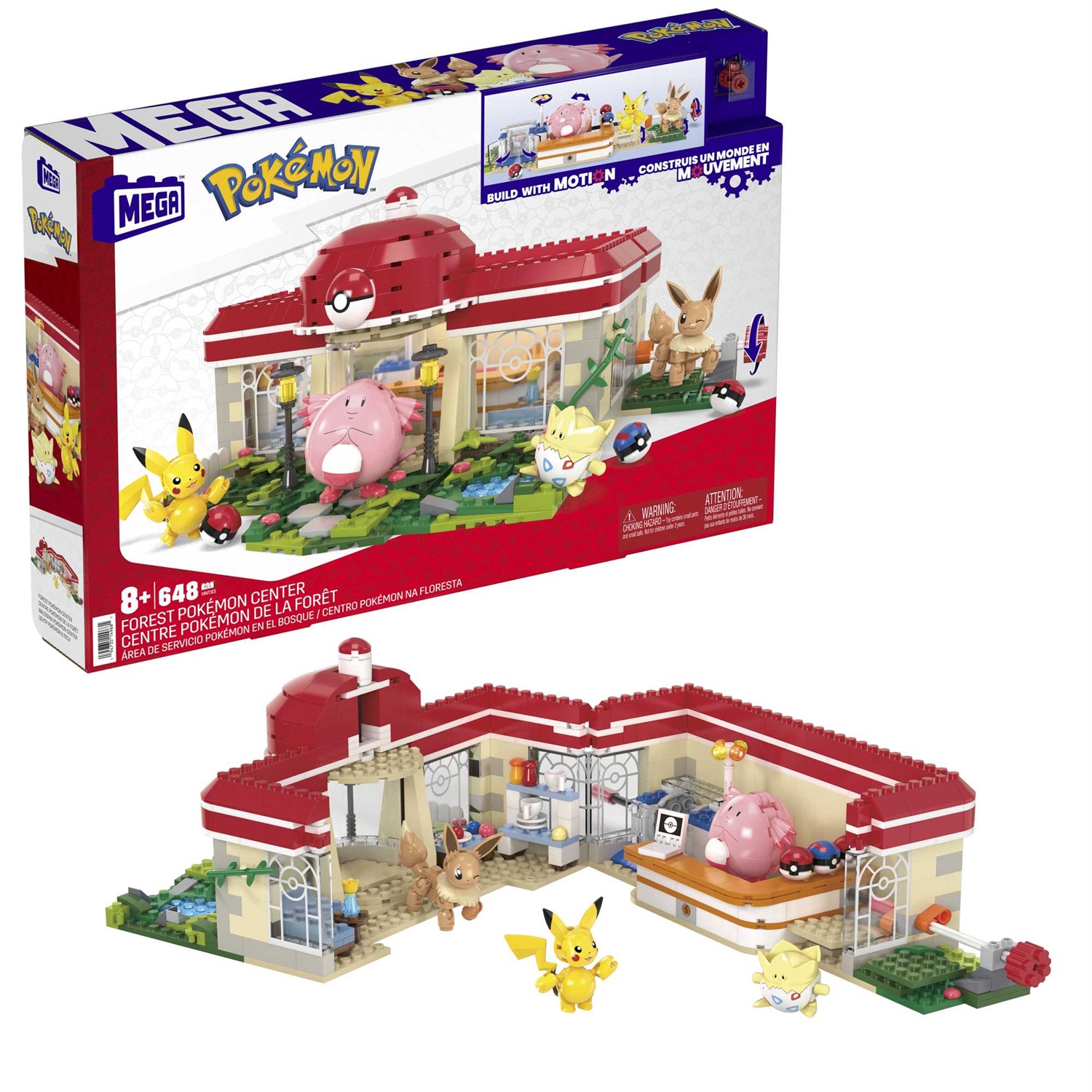 MEGA Centro Pokémon - Set da Costruire con 648 Pezzi, Include Pikachu, Chansey, Eevee e Togepi, Sistema Mattoncino Movimento, Età 8
