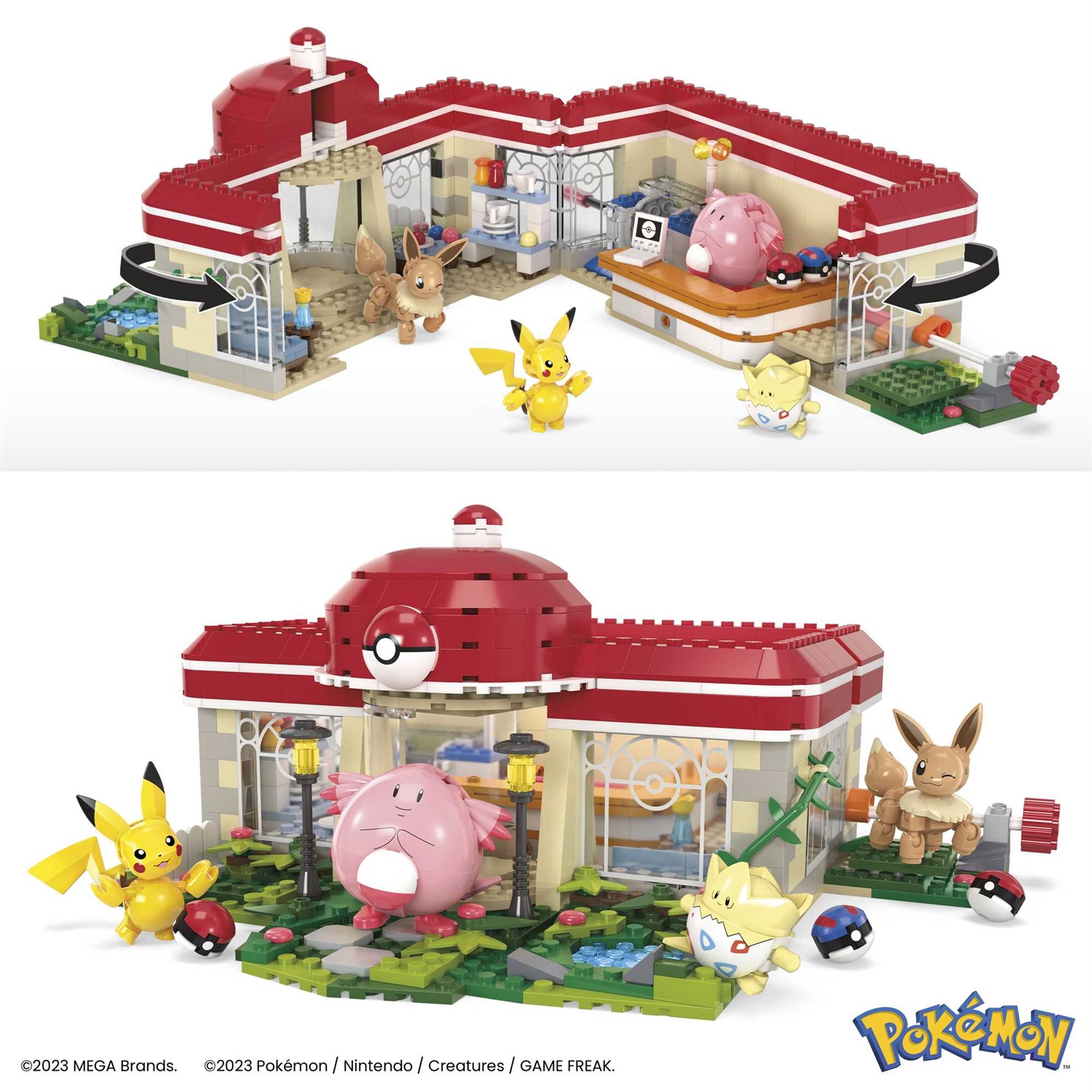 MEGA Centro Pokémon - Set da Costruire con 648 Pezzi, Include Pikachu, Chansey, Eevee e Togepi, Sistema Mattoncino Movimento, Età 8