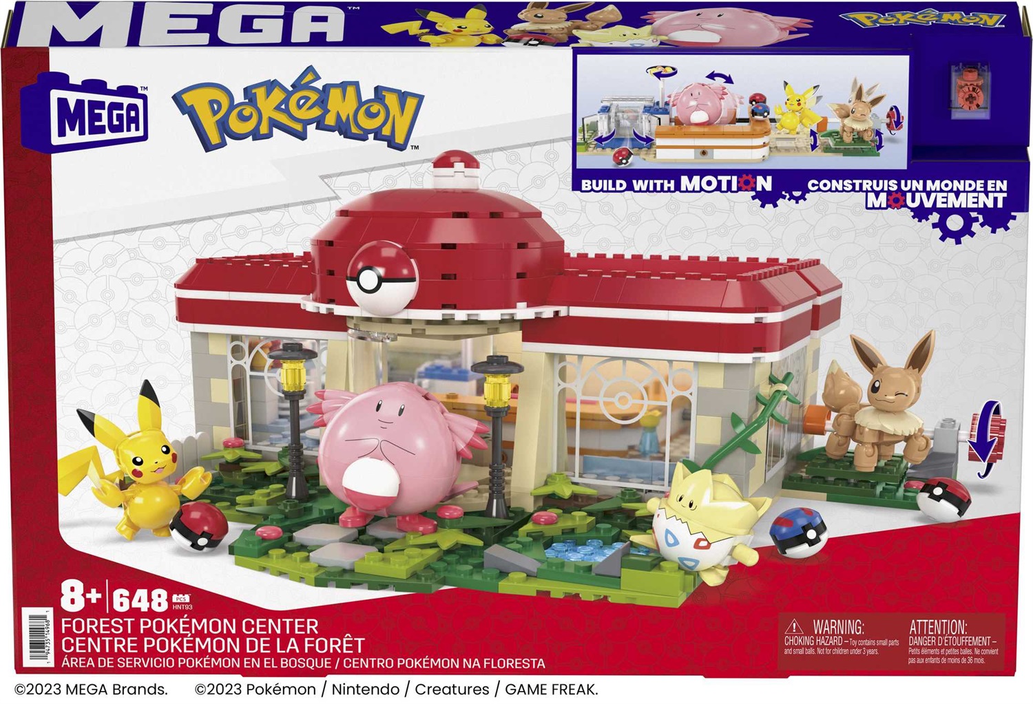 MEGA Centro Pokémon - Set da Costruire con 648 Pezzi, Include Pikachu, Chansey, Eevee e Togepi, Sistema Mattoncino Movimento, Età 8