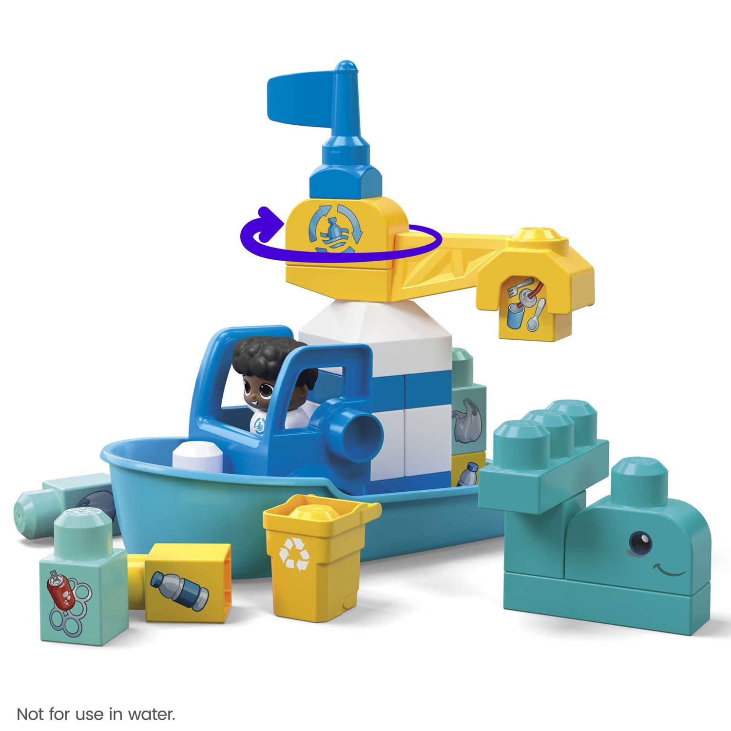 Mega Bloks - Set di costruzione Pulizia dell'Oceano con 70 blocchi, 3 personaggi e barca con gru per bambini 1 anni
