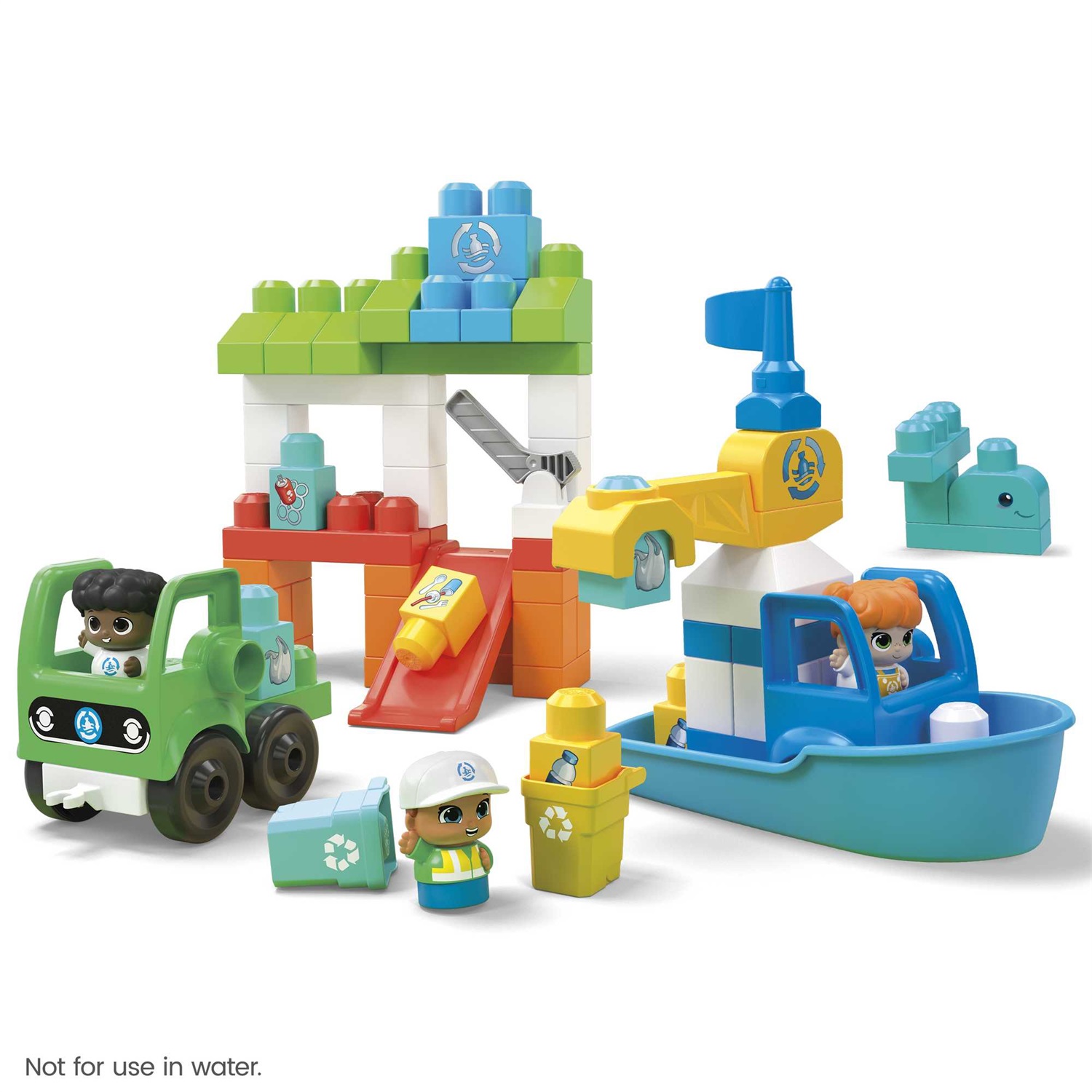 Mega Bloks - Set di costruzione Pulizia dell'Oceano con 70 blocchi, 3 personaggi e barca con gru per bambini 1 anni