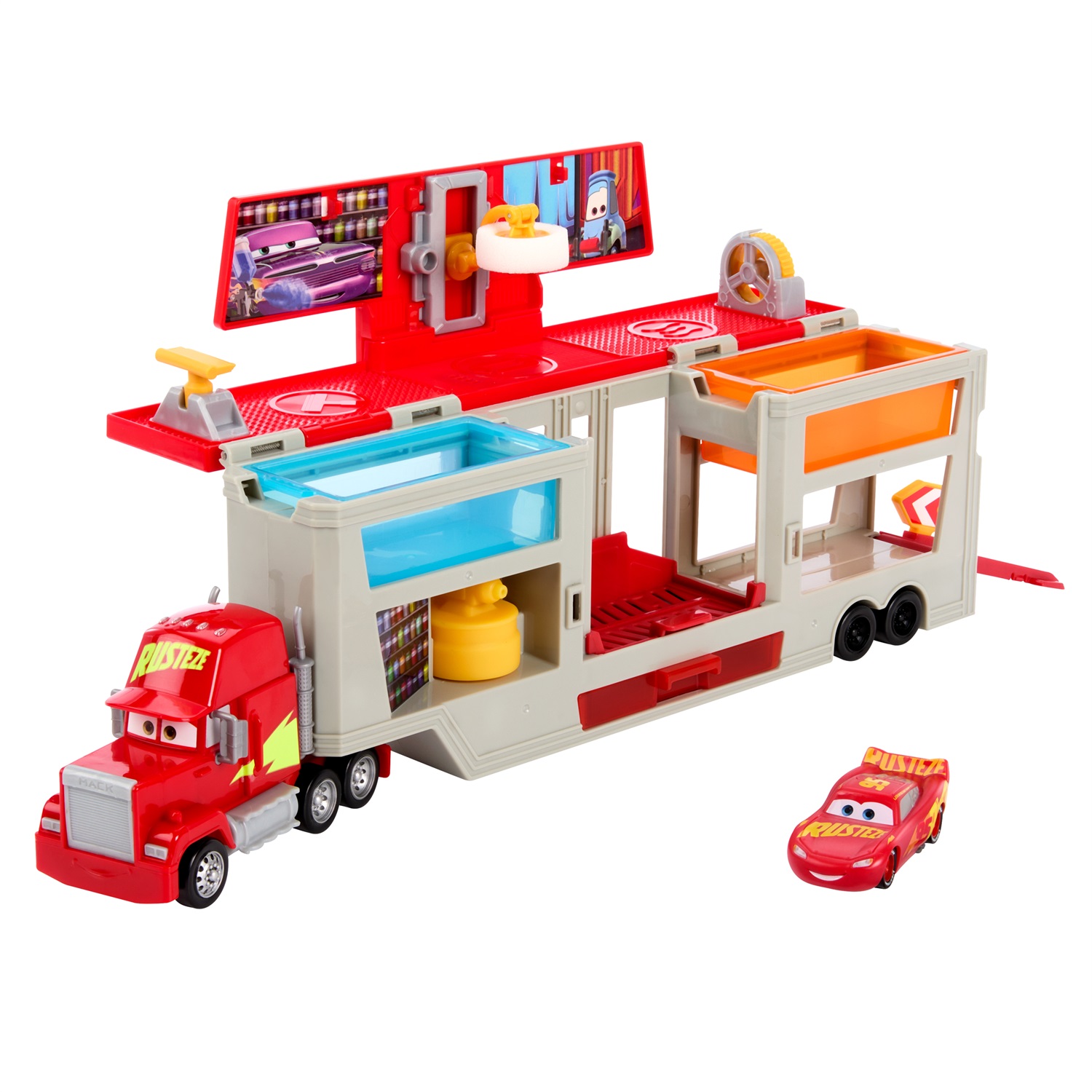 Mattel Disney Pixar Cars Mack Officina Cambia Colore con Saetta McQueen, cabina rimovibile e accessori interattivi
