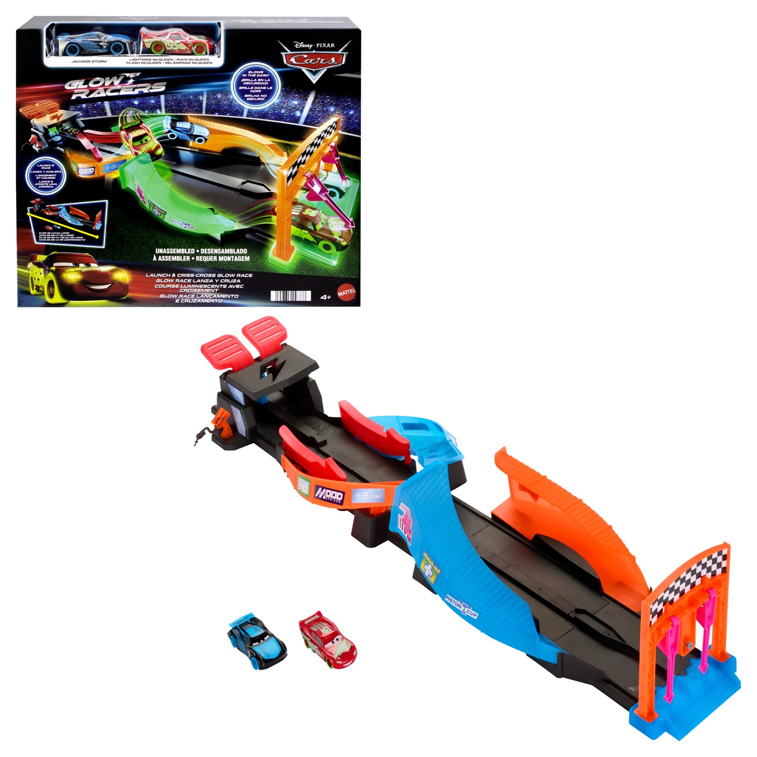 Mattel Pista Fluo Incrociata HPD80 - Playset con Saetta McQueen e Jackson Storm, macchinine che brillano al buio, per bambini 4 anni