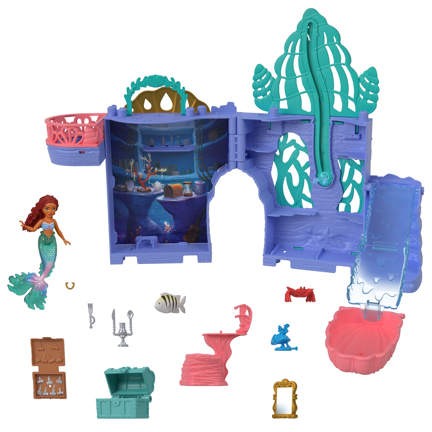 Mattel Disney La Sirenetta - Set C Grotta di Ariel, playset impilabile con mini bambola Ariel, personaggi Flounder e Sebastian e 10 accessori, giocattolo per bambini, 3 anni, HPL54