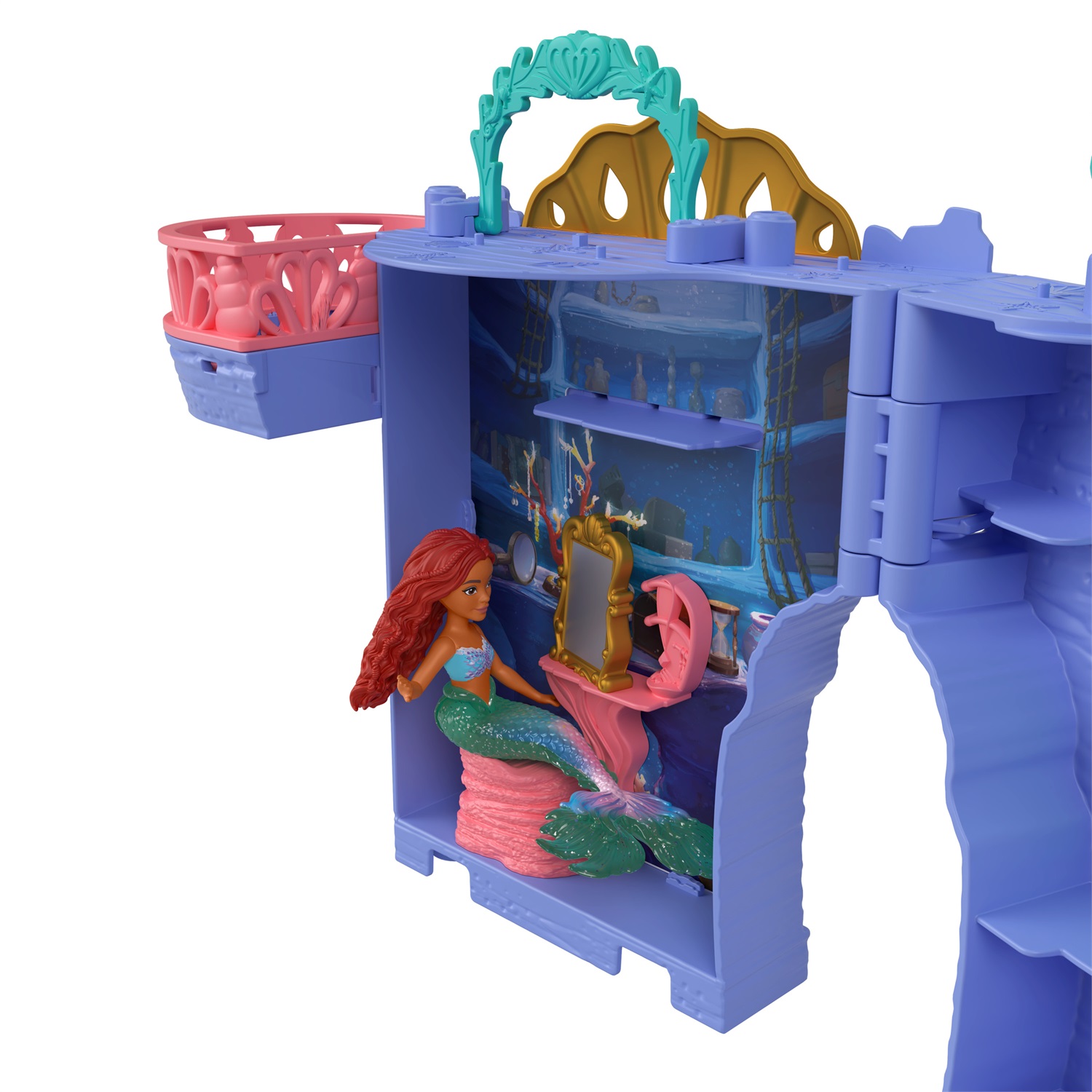 Mattel Disney La Sirenetta - Set C Grotta di Ariel, playset impilabile con mini bambola Ariel, personaggi Flounder e Sebastian e 10 accessori, giocattolo per bambini, 3 anni, HPL54