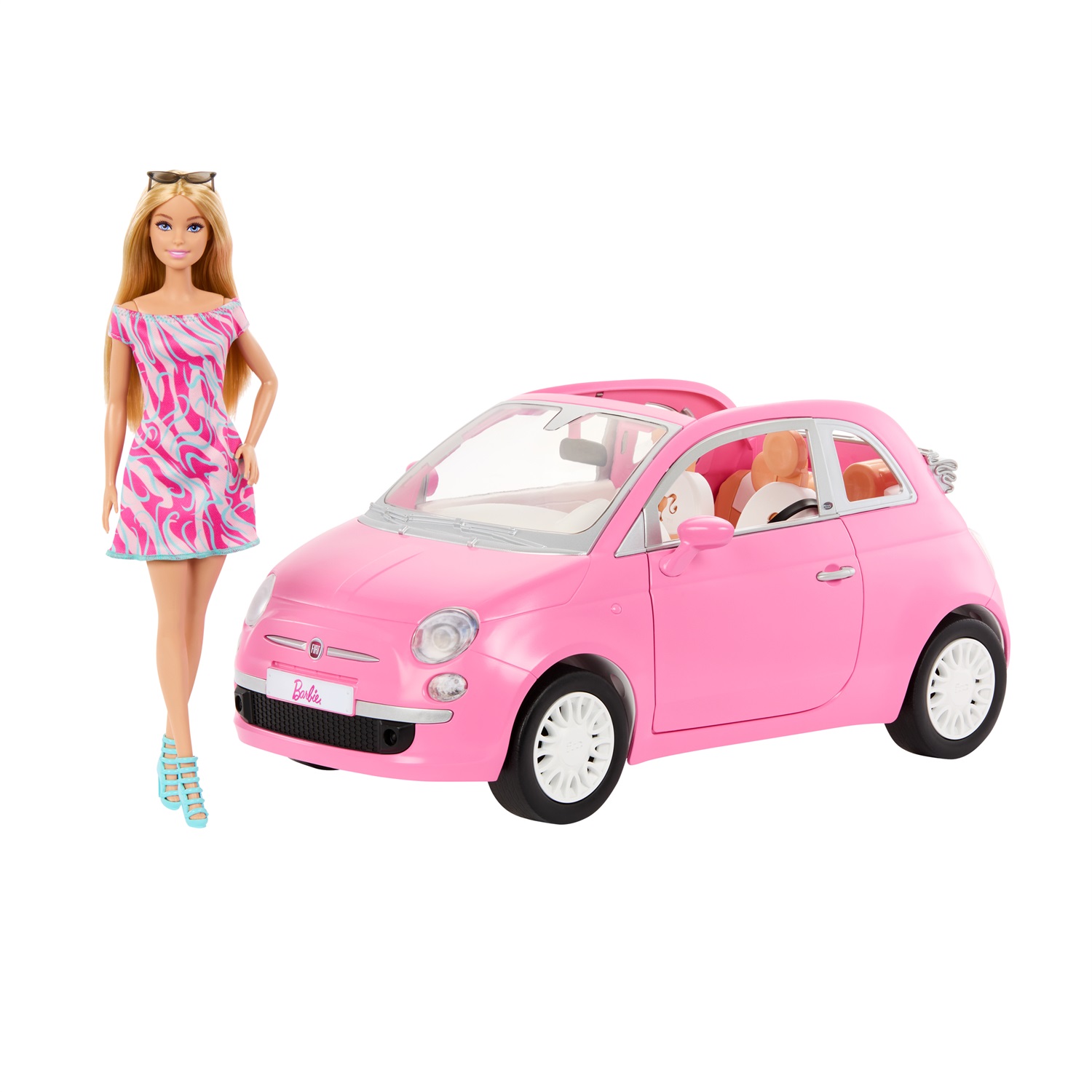 Mattel Barbie HRG59 Bambola alla Moda con Fiat 500 Cabrio Rosa - Set Completo per Bambini 3 Anni