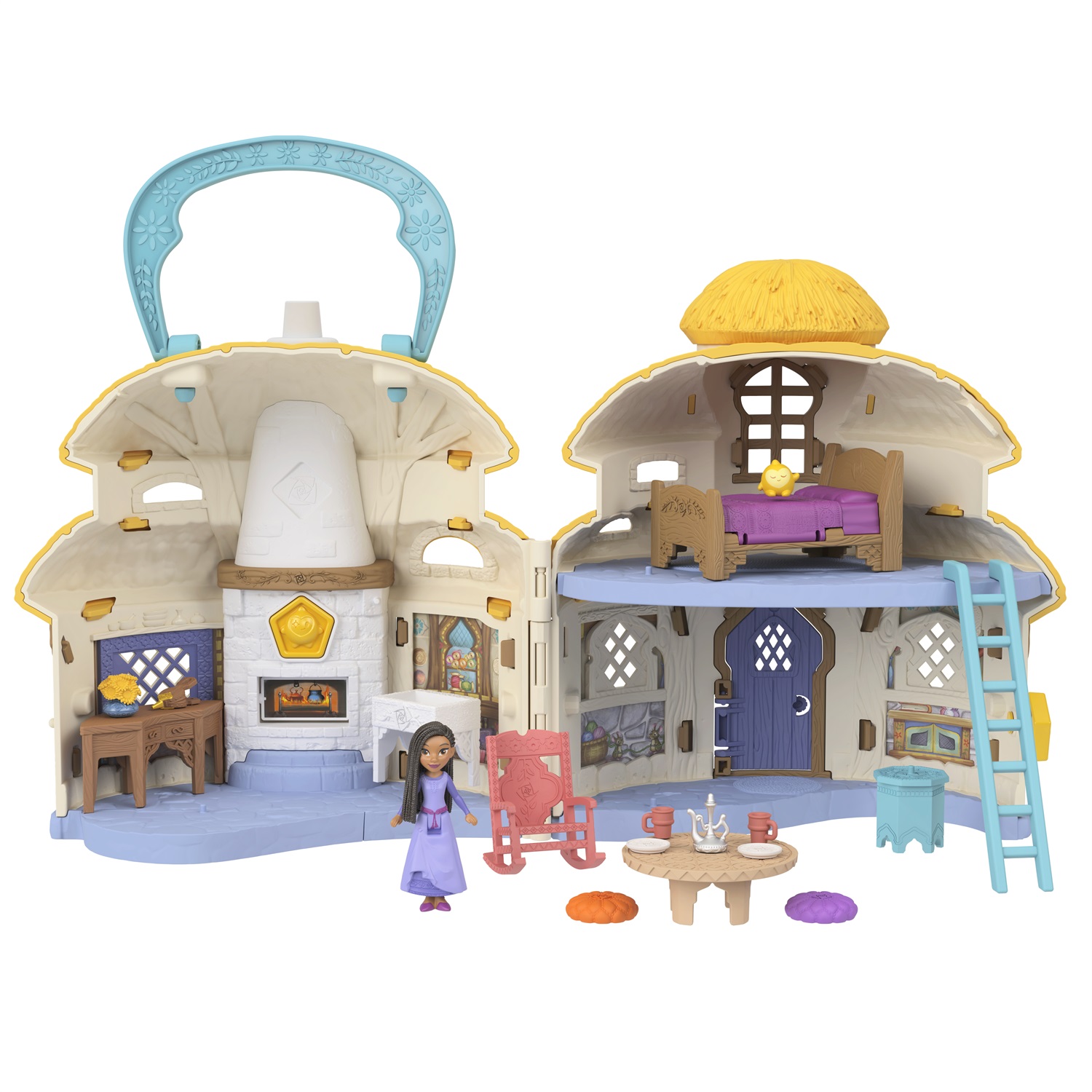 Mattel Disney Wish - Playset Portatile Casa di Asha di Rosas con Mini Bambola, Personaggio di Star e 15 Accessori, Cottage a 2 Piani, Giocattolo per Bambini 3 Anni