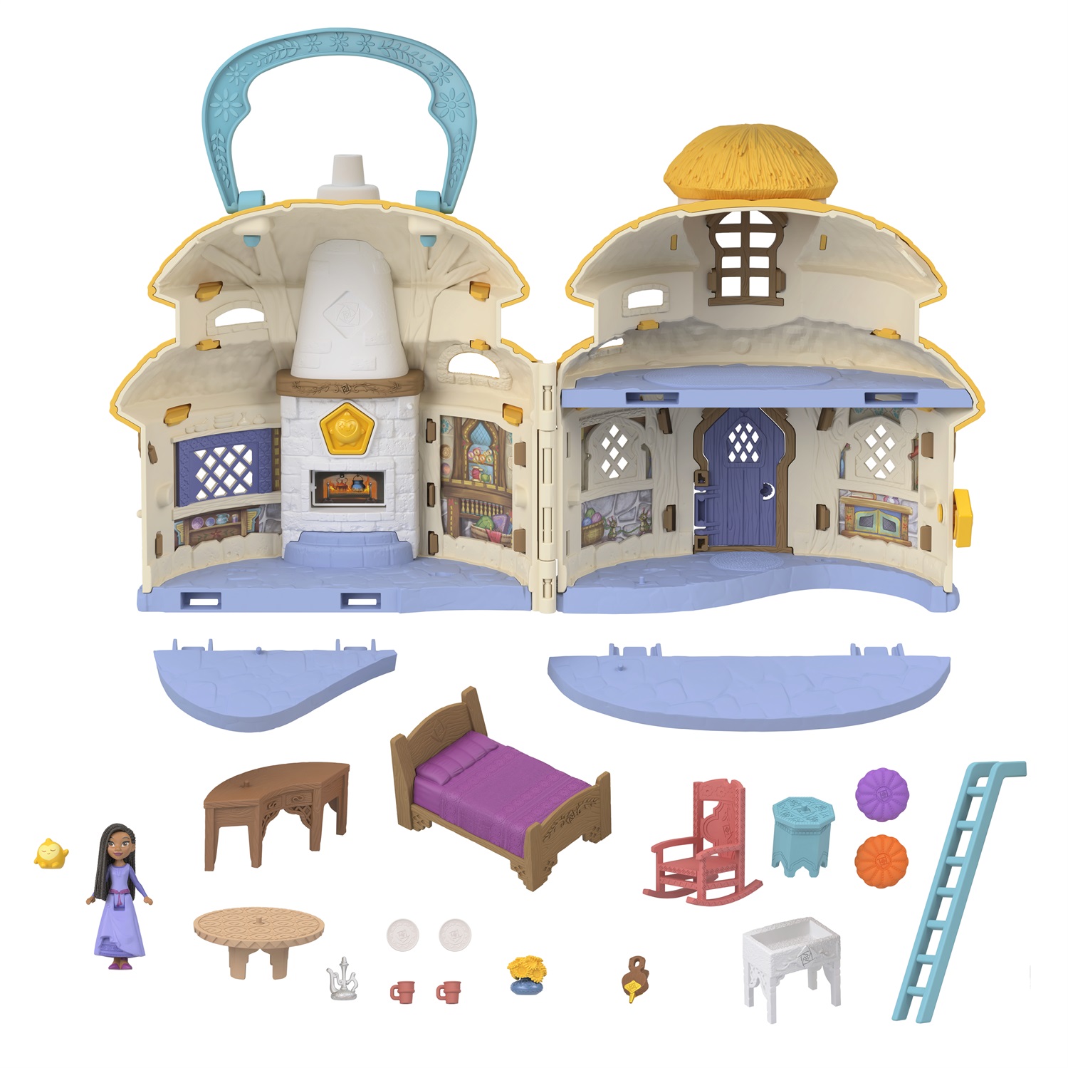 Mattel Disney Wish - Playset Portatile Casa di Asha di Rosas con Mini Bambola, Personaggio di Star e 15 Accessori, Cottage a 2 Piani, Giocattolo per Bambini 3 Anni