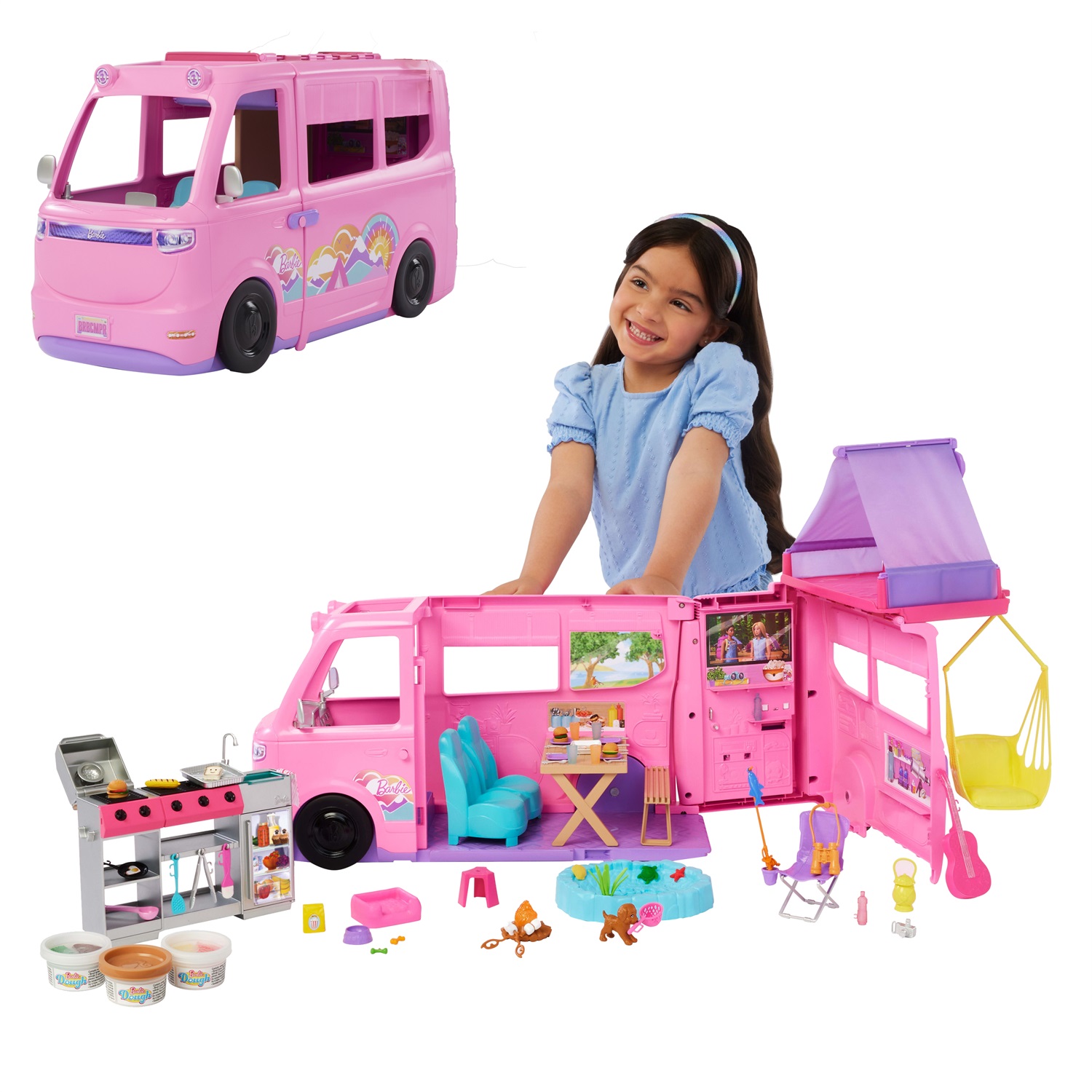 Mattel Barbie Camper dei Sogni HRJ78 con 7 Aree di Gioco e Oltre 60 Accessori