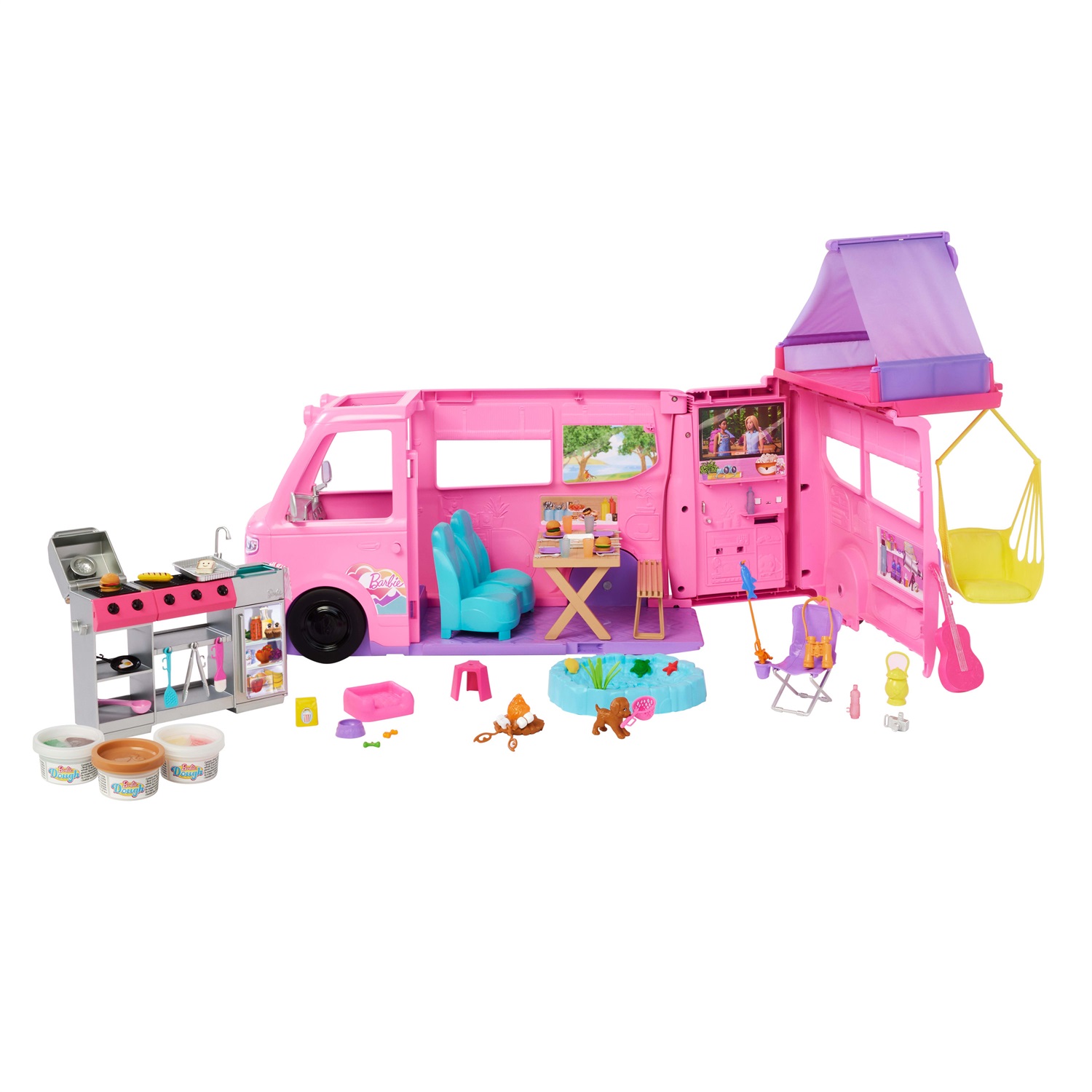 Mattel Barbie Camper dei Sogni HRJ78 con 7 Aree di Gioco e Oltre 60 Accessori