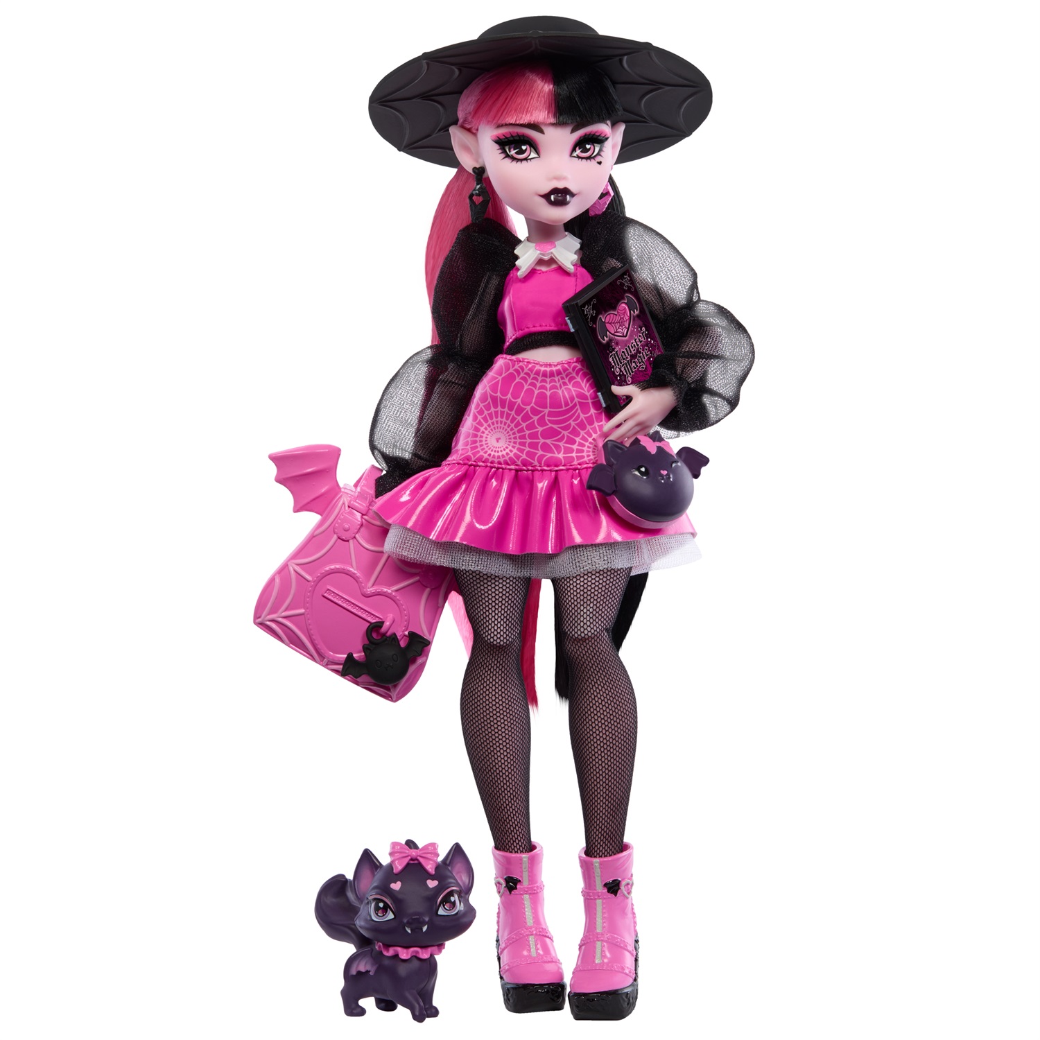 Monster High - Draculaura, Bambola dal Look Mostruoso con Gatto-Pipistrello Conte Favoloso e Accessori Inclusi, Zaino, Bento Box e Libro degli Incantesimi, Giocattolo per Bambini 4 Anni, HRP64
