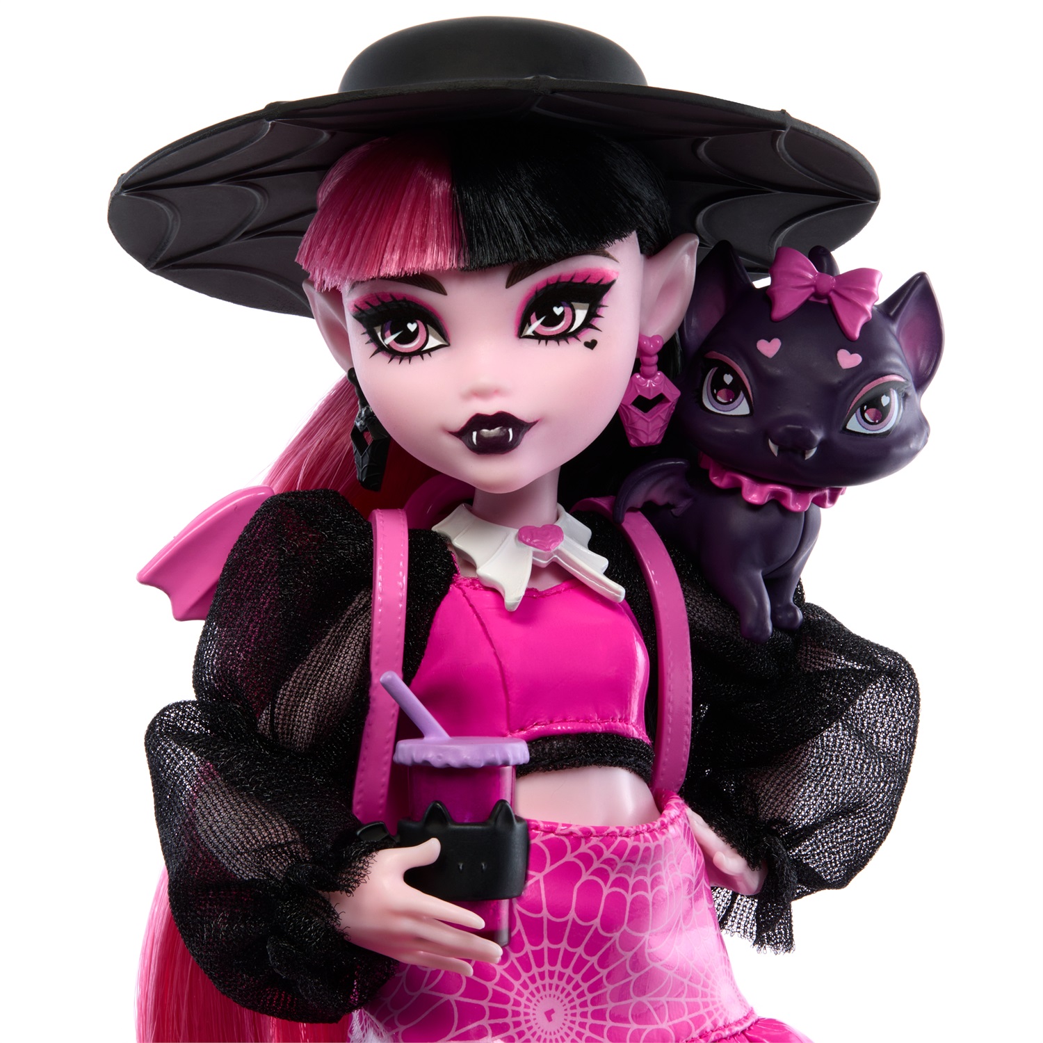 Monster High - Draculaura, Bambola dal Look Mostruoso con Gatto-Pipistrello Conte Favoloso e Accessori Inclusi, Zaino, Bento Box e Libro degli Incantesimi, Giocattolo per Bambini 4 Anni, HRP64