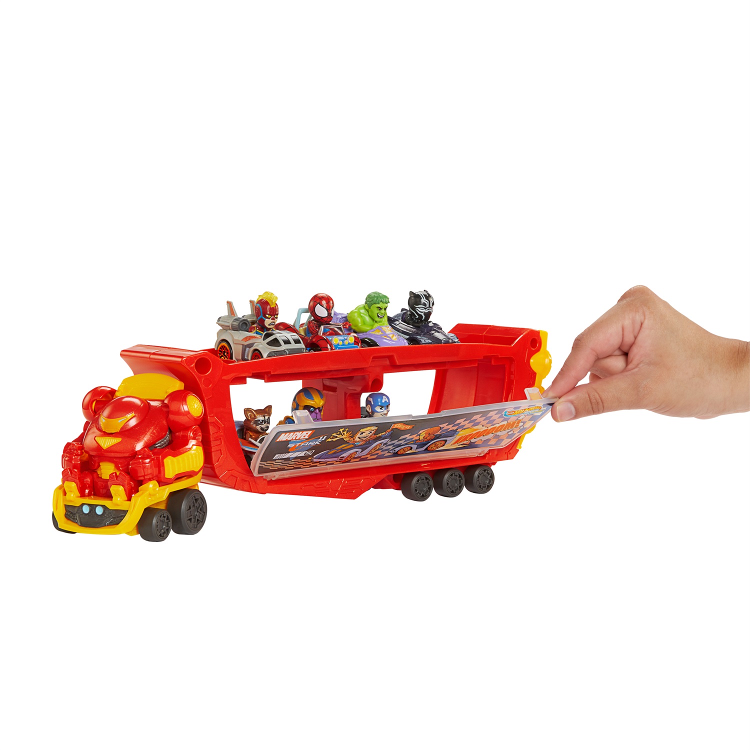 Hot Wheels HRY02 - Trasportatore Hulkbuster per 10 macchinine, con cabina rimovibile e casco apribile, giocattolo per bambini 4 anni