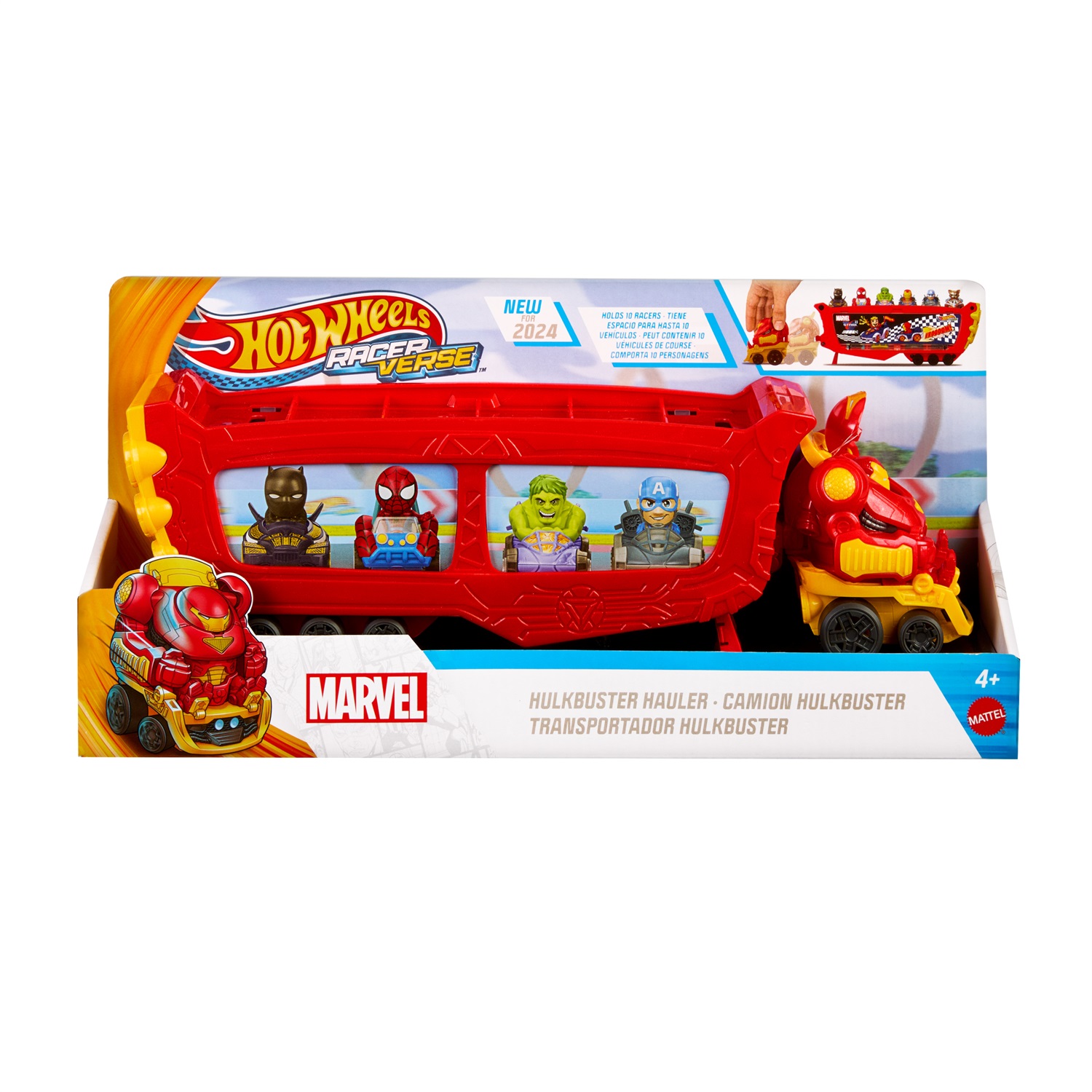 Hot Wheels HRY02 - Trasportatore Hulkbuster per 10 macchinine, con cabina rimovibile e casco apribile, giocattolo per bambini 4 anni