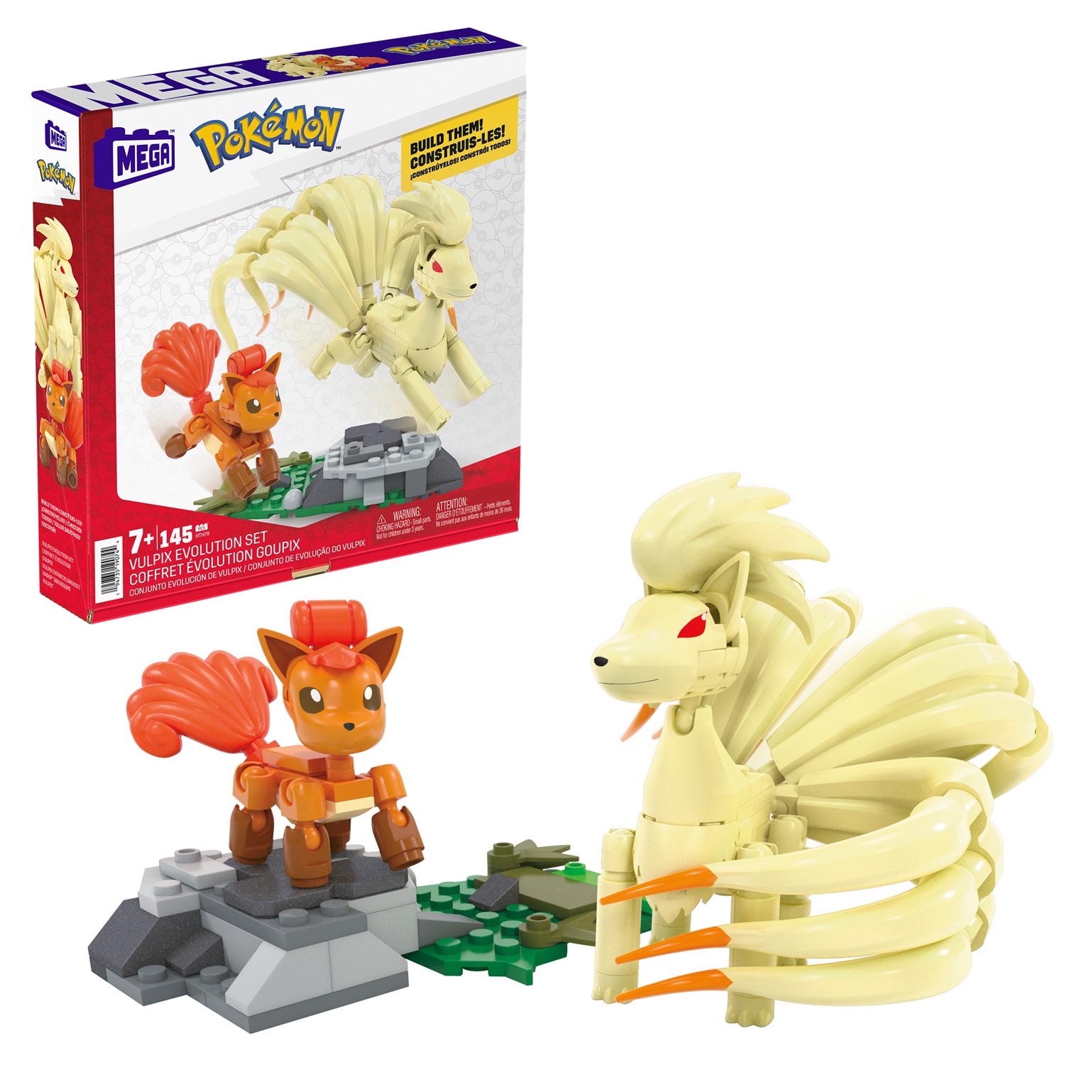MEGA Pokémon - Evoluzione di Vulpix, Set da Costruire con 145 Pezzi, 2 Personaggi Snodati (Vulpix e Ninetales), Giocattolo per Bambini 7 Anni, HTH79