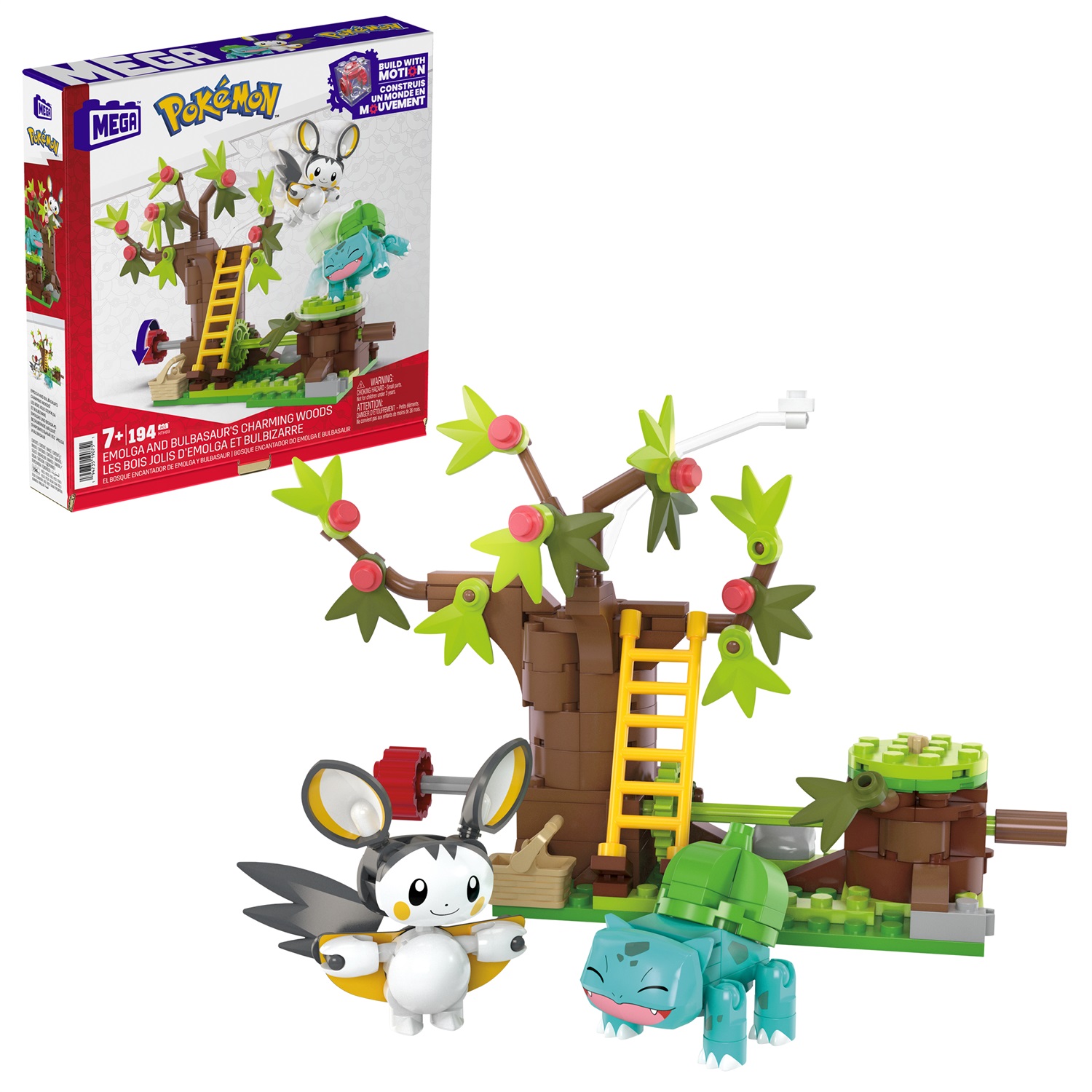 MEGA Il Bosco Incantato di Emolga e Bulbasaur - Set da Costruire con 194 Pezzi, 2 Personaggi e Sistema Mattoncino Movimento, Giocattolo per Bambini 7 Anni, HTH69