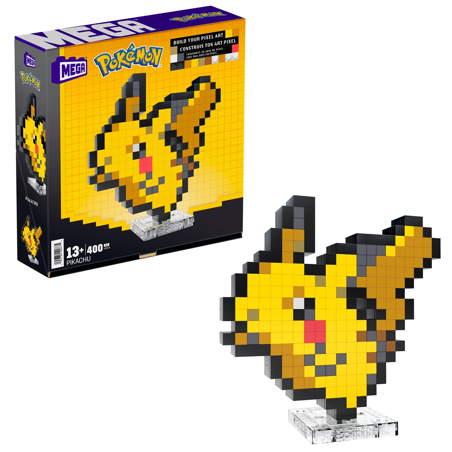 MEGA HTH74 Gioco di Costruzione Pikachu Pixel Art - 400 Pezzi, 15,2 cm, con Base per Esposizione e Incisione per Appendere
