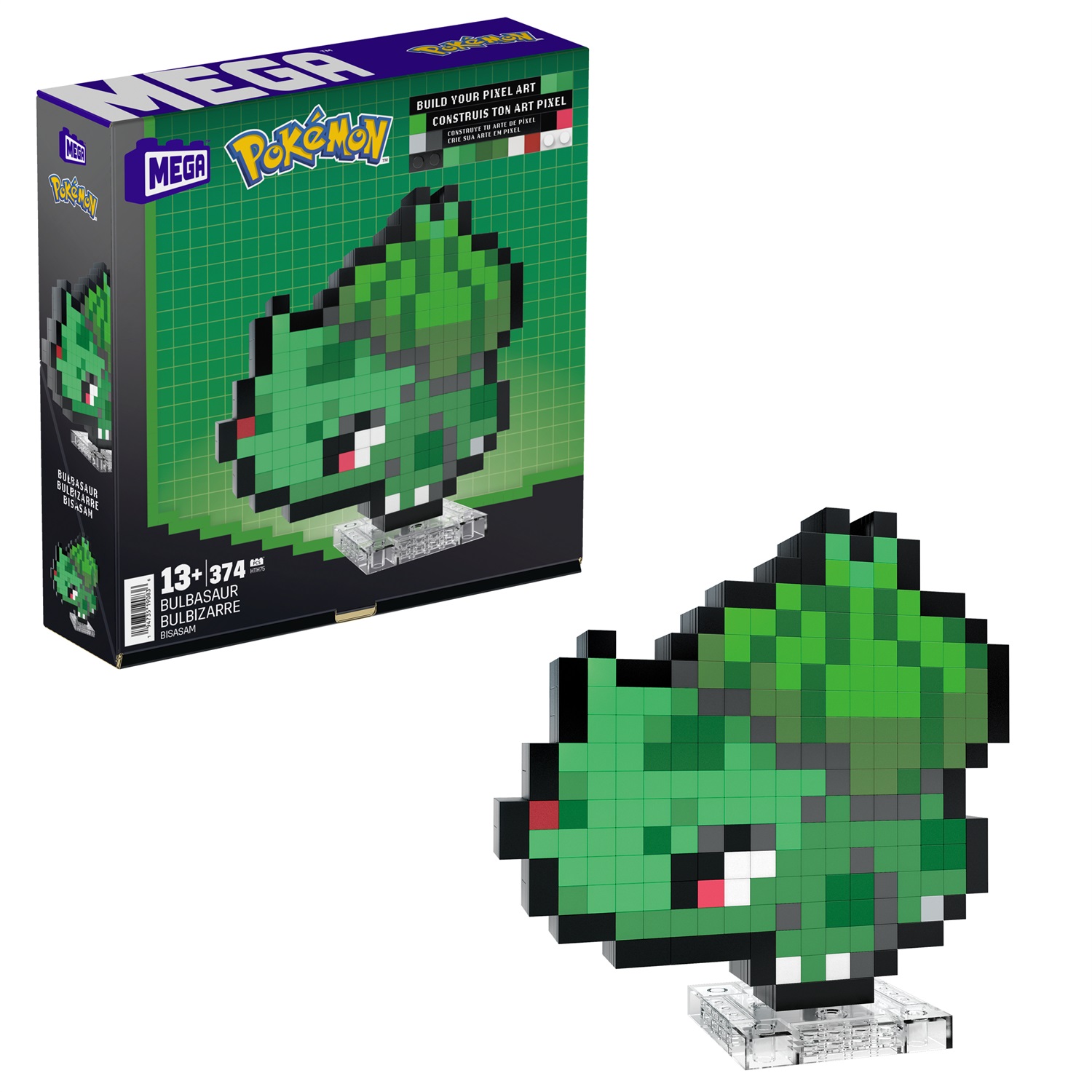 MEGA Pokémon Showcase - Bulbasaur, set di costruzione pixelato da 374 pezzi, altezza 15,2 cm, con base per esposizione e incisione per appendere, età 13