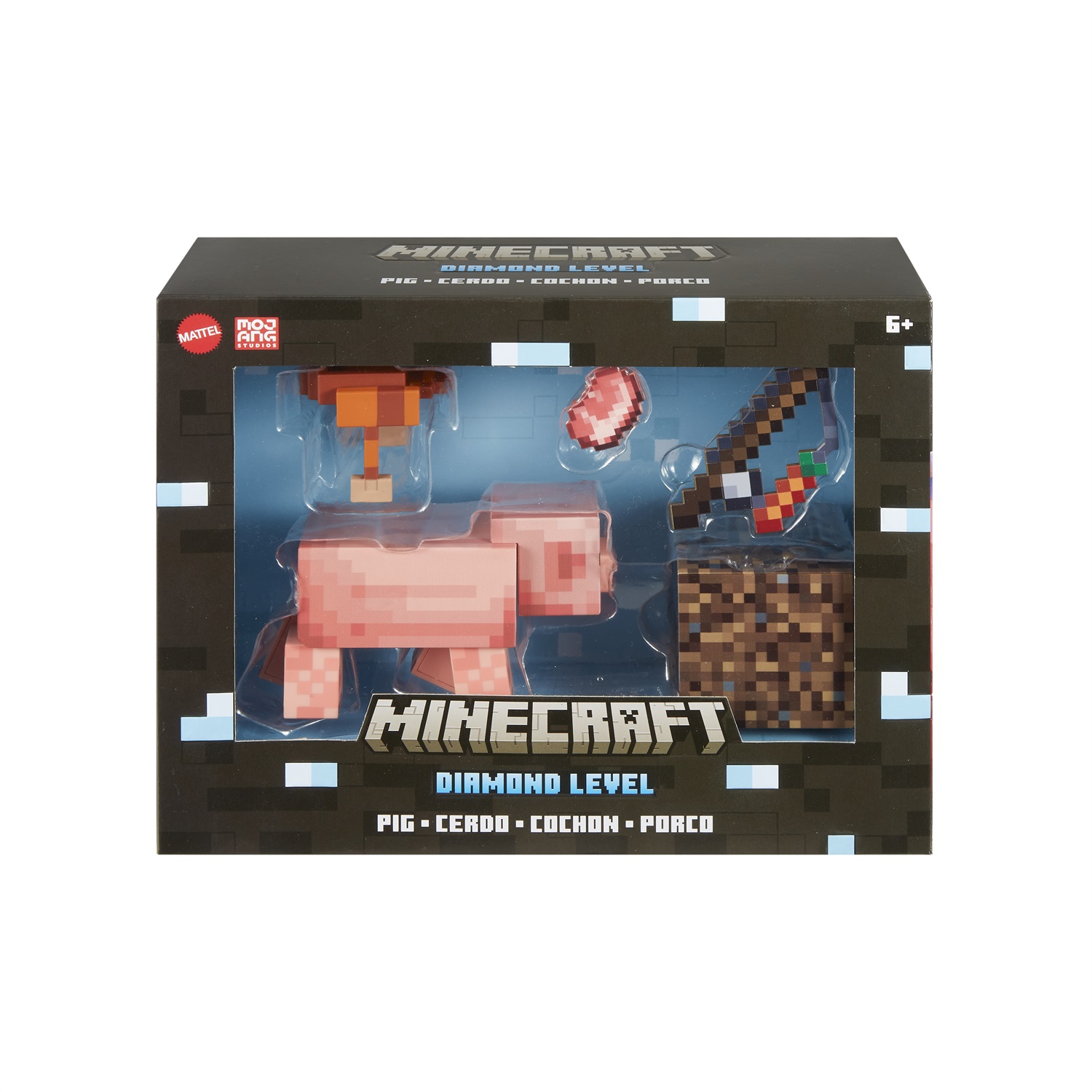 Mattel Minecraft - Maiale Livello Diamante Action Figure 14 cm con Design Pixelato e 4 Accessori Inclusi, Giocattolo per Bambini 6 anni, Rosa