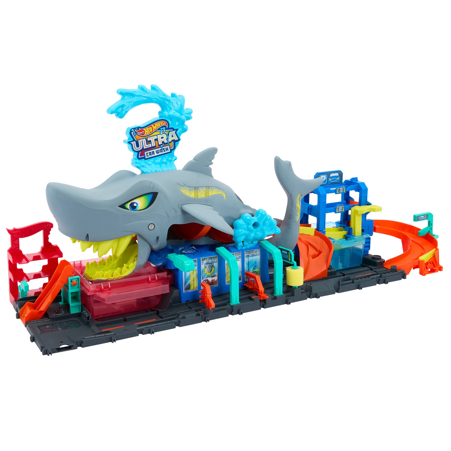 Hot Wheels Mega Squalo Autolavaggio - Pista con Rullo di Schiuma, Cancelli Mobili, Funzione Cambia Colore e Macchinina Color Reveal Inclusa, 3 Anni, HTN82