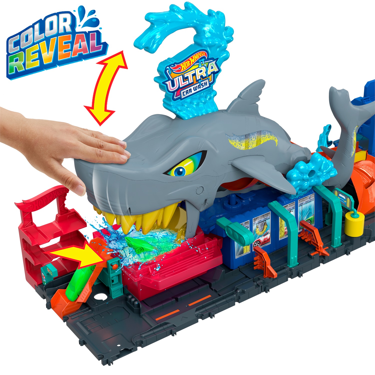 Hot Wheels Mega Squalo Autolavaggio - Pista con Rullo di Schiuma, Cancelli Mobili, Funzione Cambia Colore e Macchinina Color Reveal Inclusa, 3 Anni, HTN82