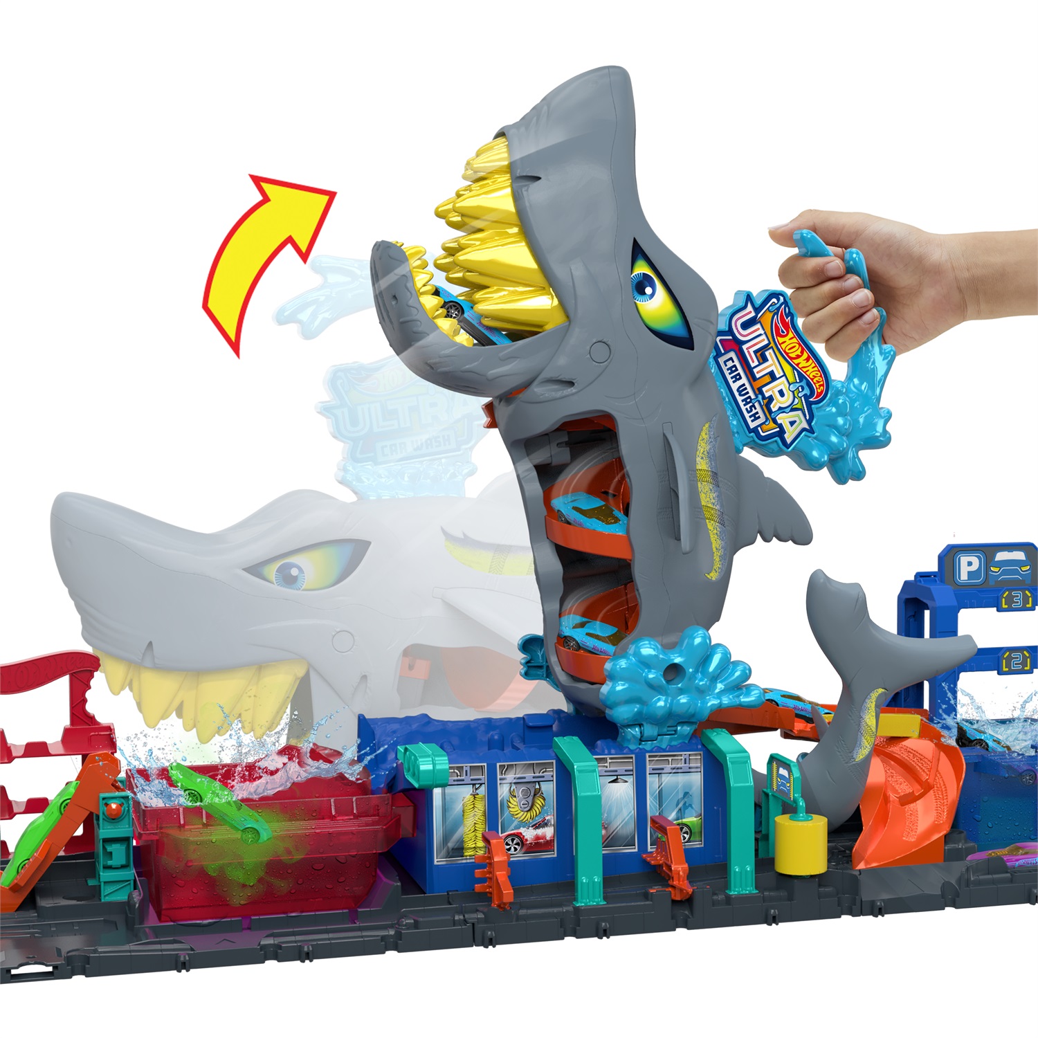 Hot Wheels Mega Squalo Autolavaggio - Pista con Rullo di Schiuma, Cancelli Mobili, Funzione Cambia Colore e Macchinina Color Reveal Inclusa, 3 Anni, HTN82