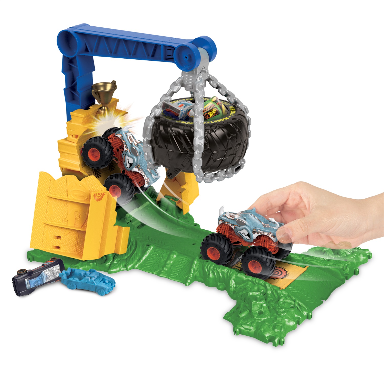 Hot Wheels Sfida Demolizione del Carico Rhinomite HTP18 - Playset con Truck in Scala 1:64 e 2 Macchinine Schiacciate