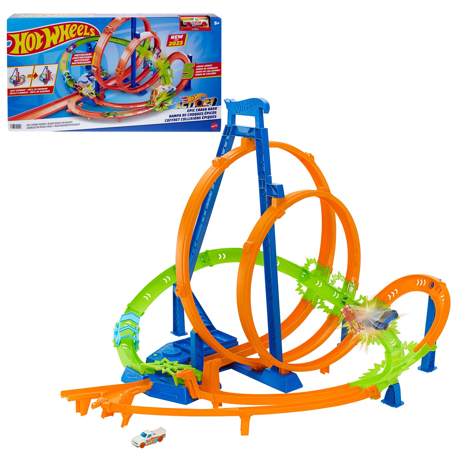 Hot Wheels Mega Loop Scontri Epici - Playset Pista con 5 Zone di Scontro e Booster Motorizzato, Include 1 Macchinina in Scala 1:64, Giocattolo per Bambini 5 Anni