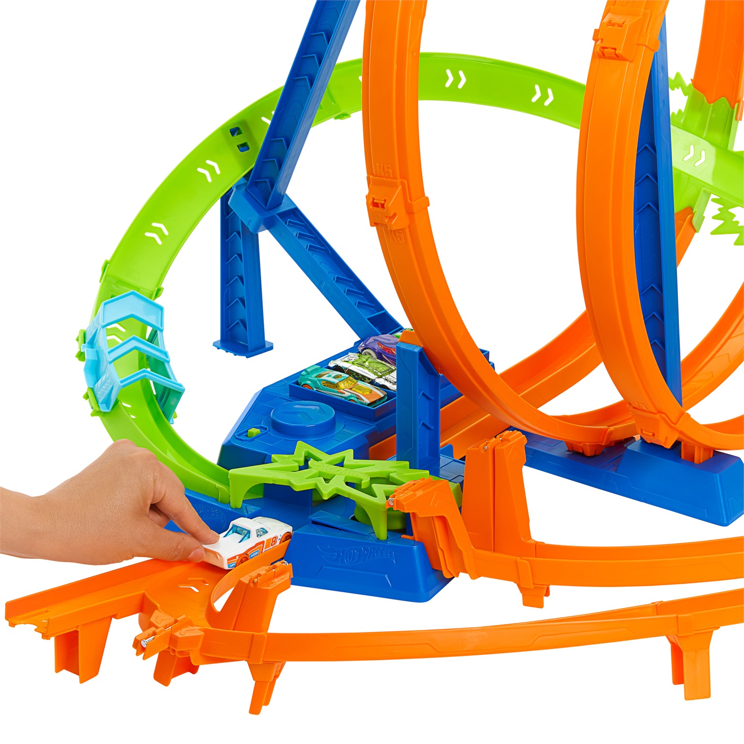 Hot Wheels Mega Loop Scontri Epici - Playset Pista con 5 Zone di Scontro e Booster Motorizzato, Include 1 Macchinina in Scala 1:64, Giocattolo per Bambini 5 Anni