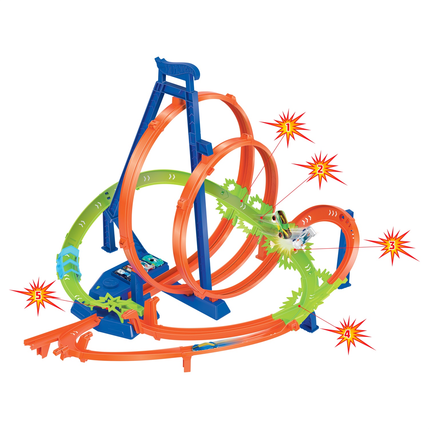 Hot Wheels Mega Loop Scontri Epici - Playset Pista con 5 Zone di Scontro e Booster Motorizzato, Include 1 Macchinina in Scala 1:64, Giocattolo per Bambini 5 Anni