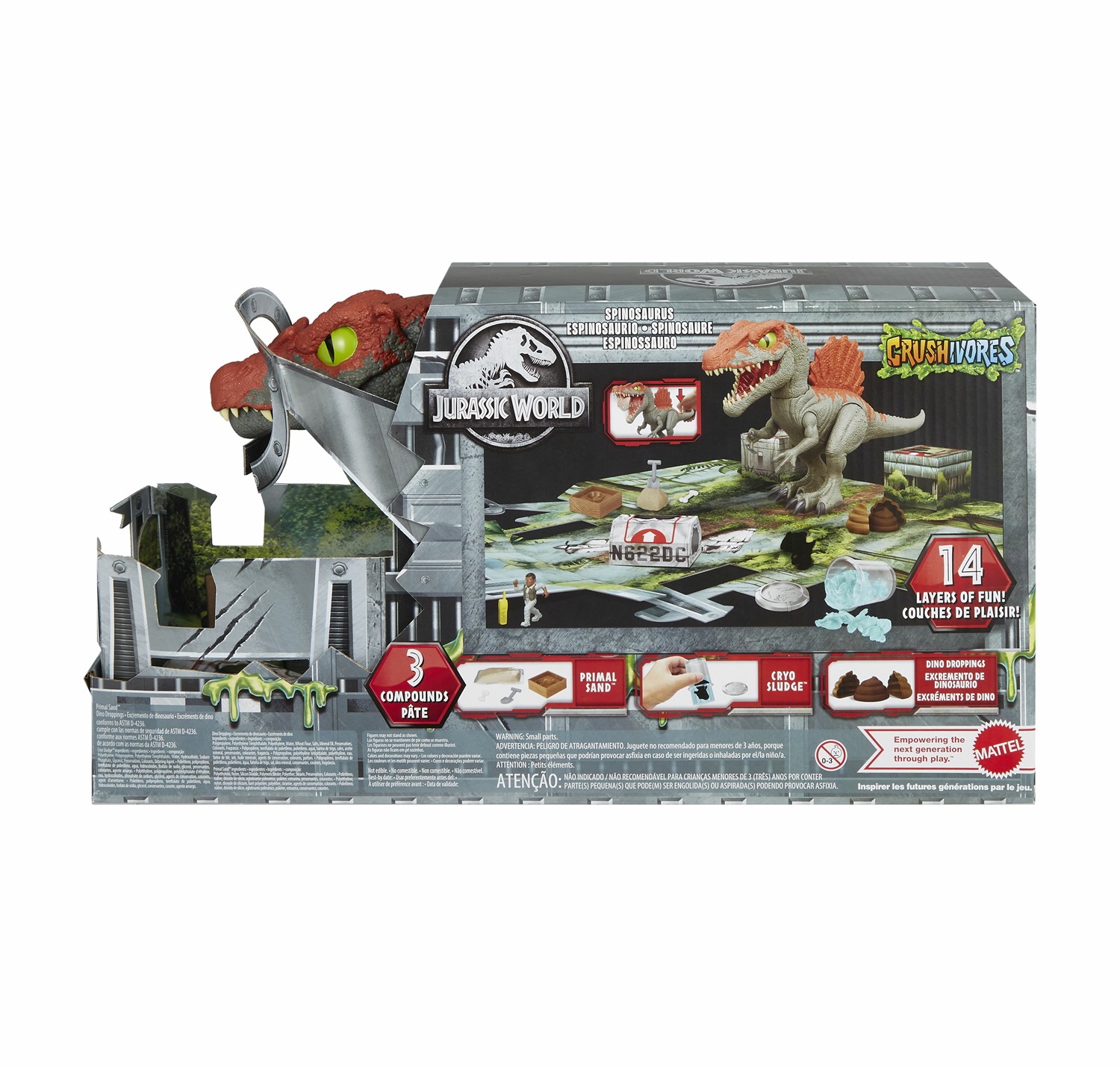 Mattel Jurassic World Crushivores Spinosauro Cage Crasher - Dinosauro con accessori a sorpresa, sabbia, gel e pasta modellabile, giocattolo per bambini 4 anni