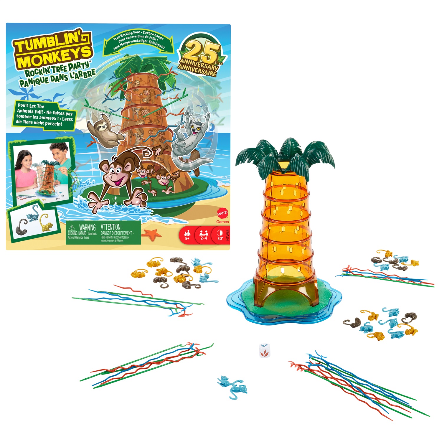 Mattel Games - Salva le Scimmie Rockin' Tree Party, edizione speciale 25 anniversario, gioco da tavolo con albero oscillante, animali diversi e bastoncini ondulati e a zig-zag, per bambini 5 anni, HTW65