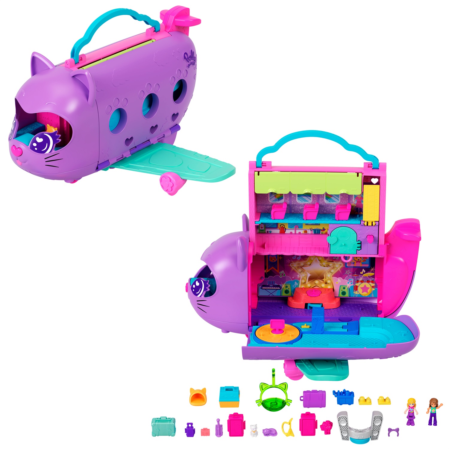 Polly Pocket HWP19 Aereo Gattino - Playset da Viaggio con 2 Micro Bambole, 19 Accessori Inclusi e Palco Rotante, Giocattolo per Bambini 4 Anni