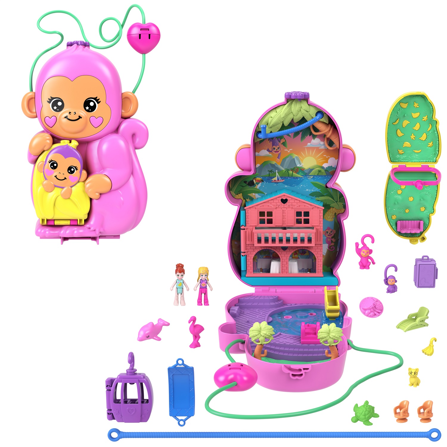 Polly Pocket HWP04 Borsetta Mamma Scimmia e Scimmietta - Playset 2-in-1 con Bambole, Animali e 13 Accessori Inclusi