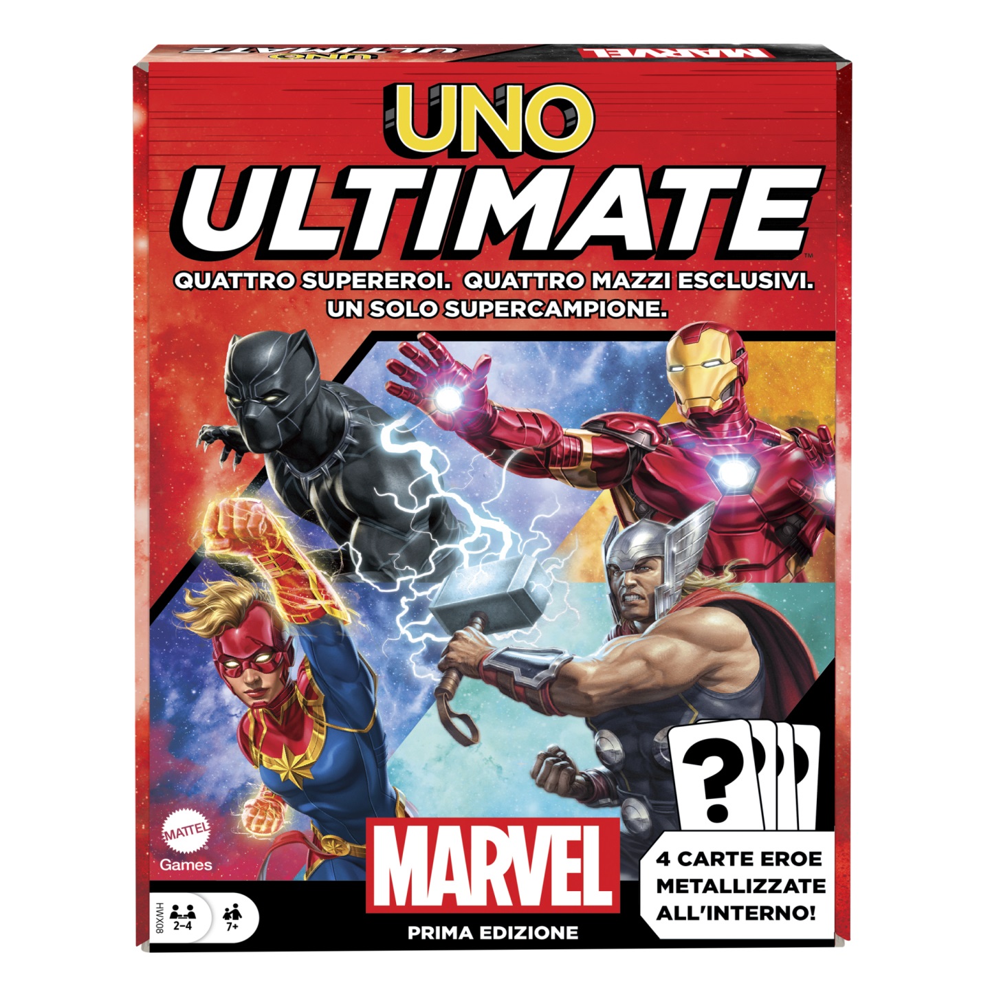 Mattel UNO Ultimate Marvel - Gioco di Carte con 4 Carte Laminate da Collezione: Black Panther, Captain Marvel, Iron Man e Thor, per Bambini 7 Anni, Versione Italiana