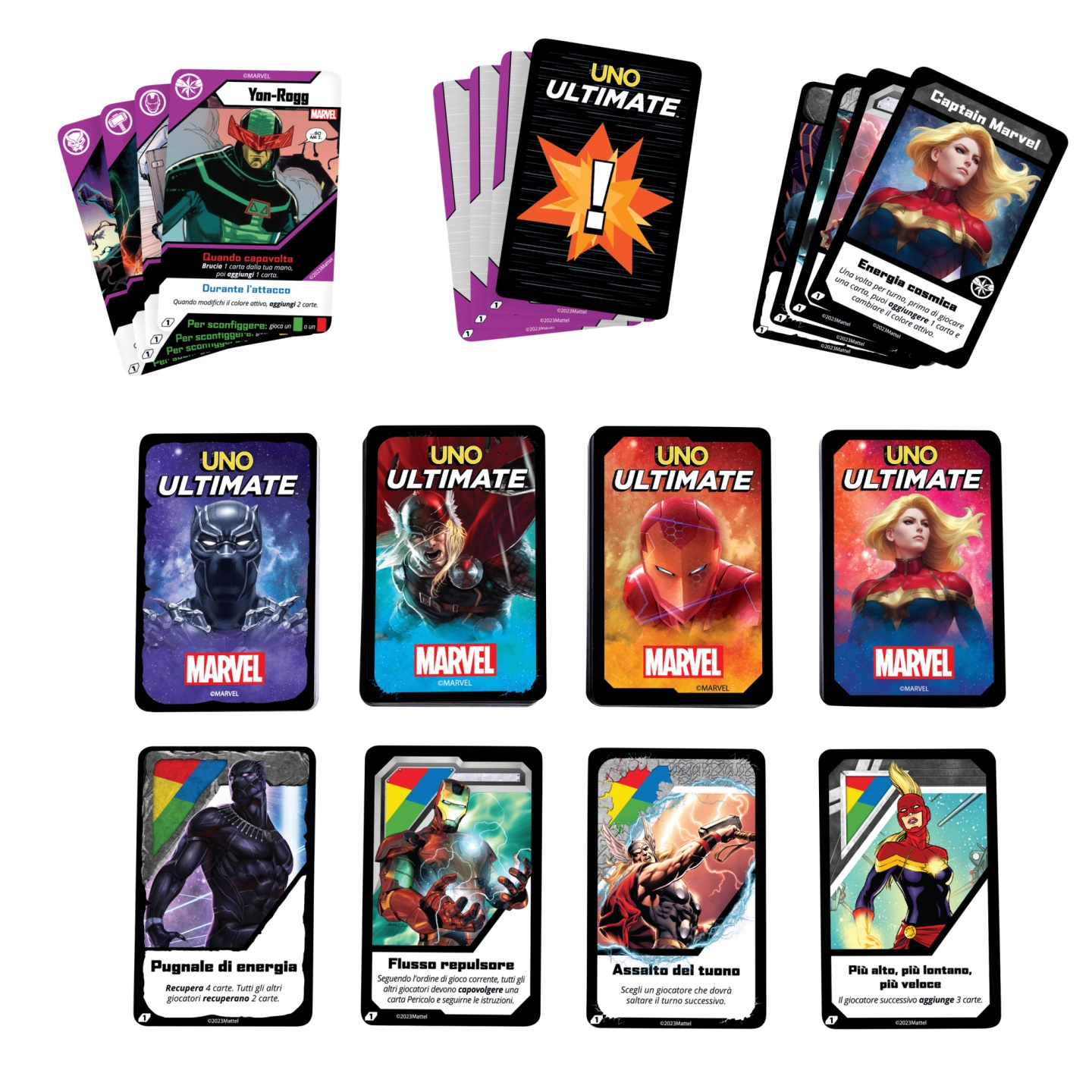 Mattel UNO Ultimate Marvel - Gioco di Carte con 4 Carte Laminate da Collezione: Black Panther, Captain Marvel, Iron Man e Thor, per Bambini 7 Anni, Versione Italiana